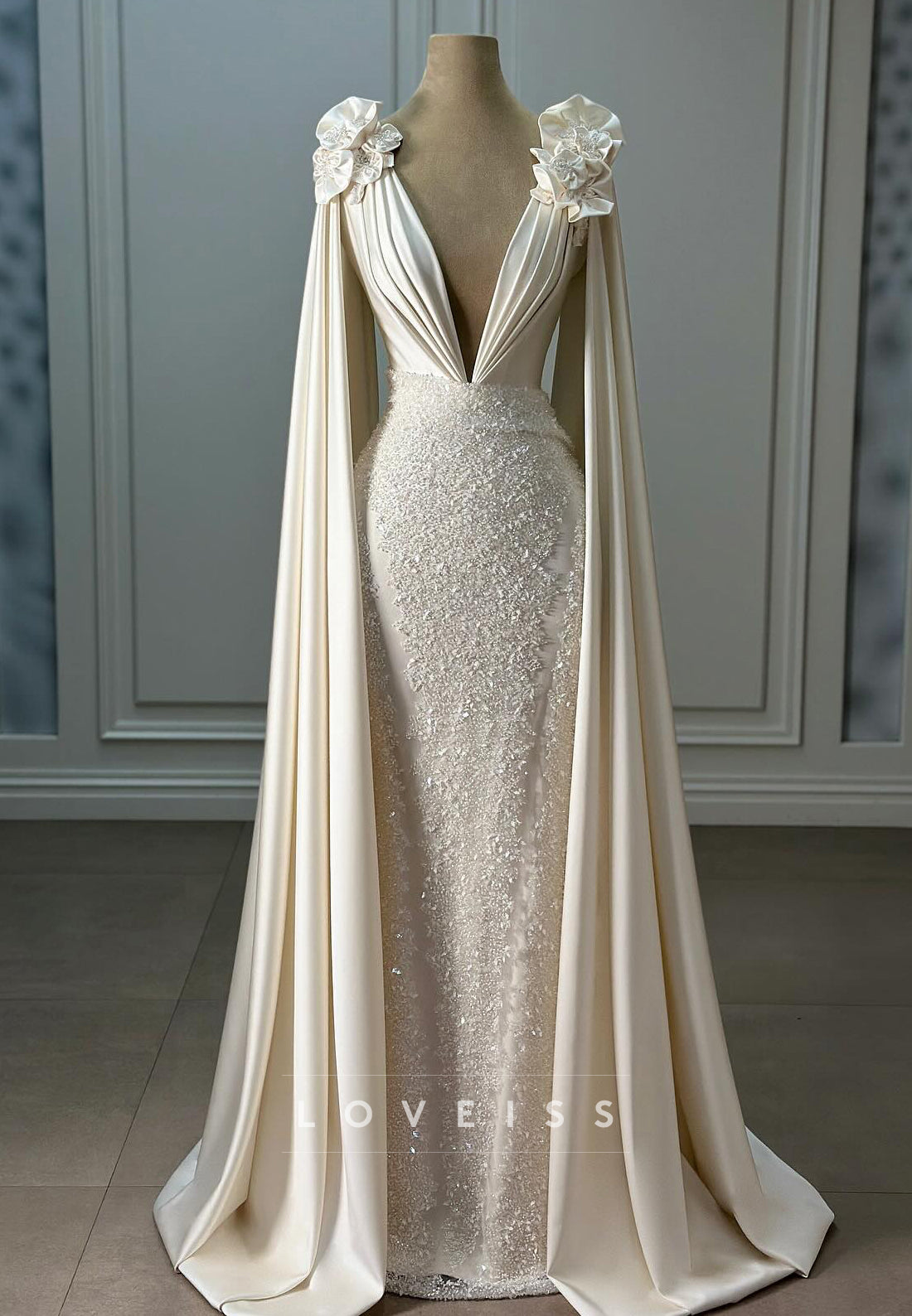 V-Neck Long Sleeves Sequins Appliques Mermaid Wedding Dress
