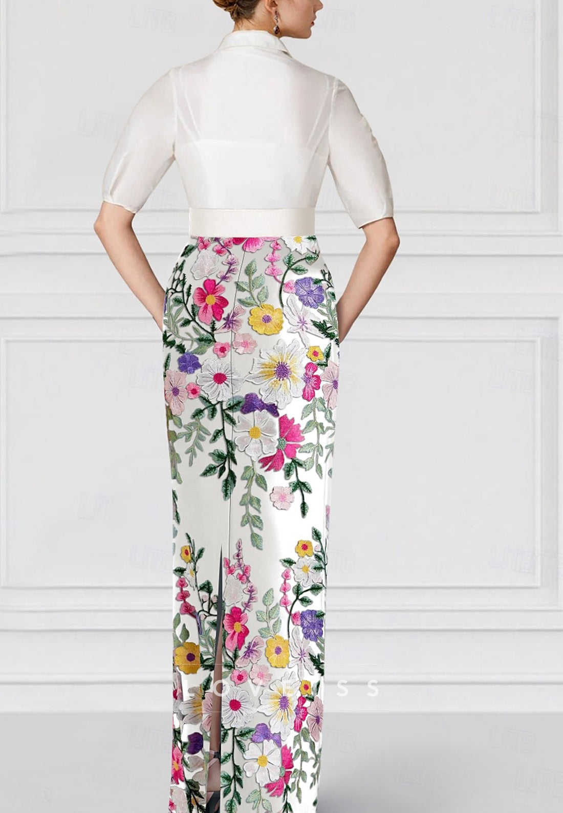 V-Neck Long Sleeves Sequins Appliques Sheath Mother of Bride Dress