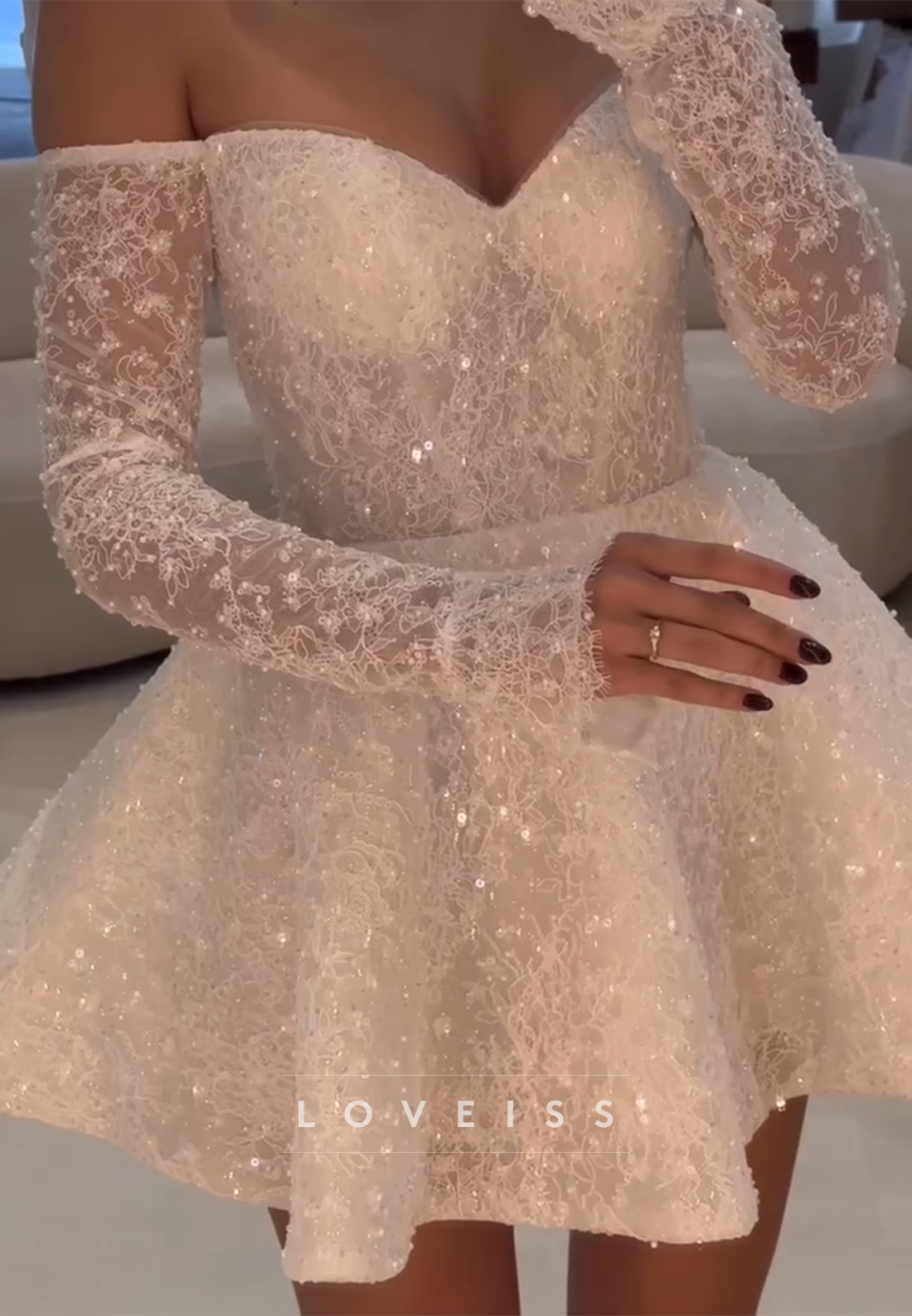 V-Neck Long Sleeves Sequins Appliques Short Wedding Dress