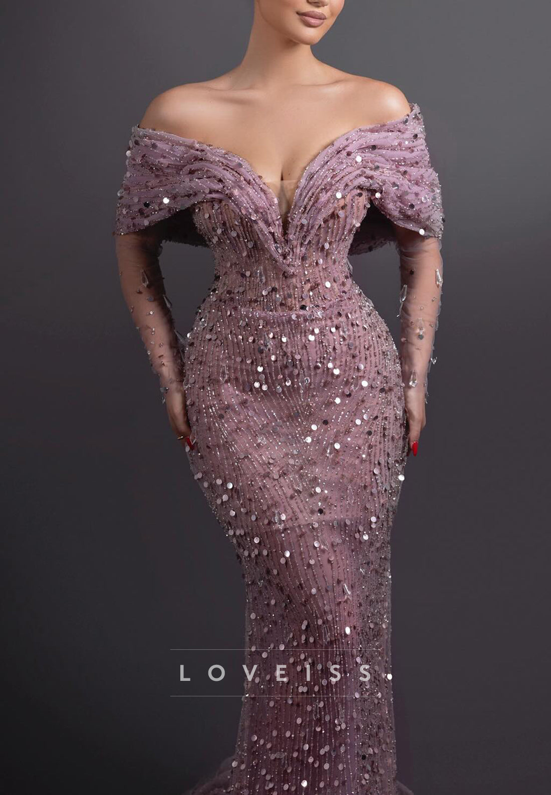 V-Neck Long Sleeves Sequins Beaded Embellished Mermaid Prom Dress