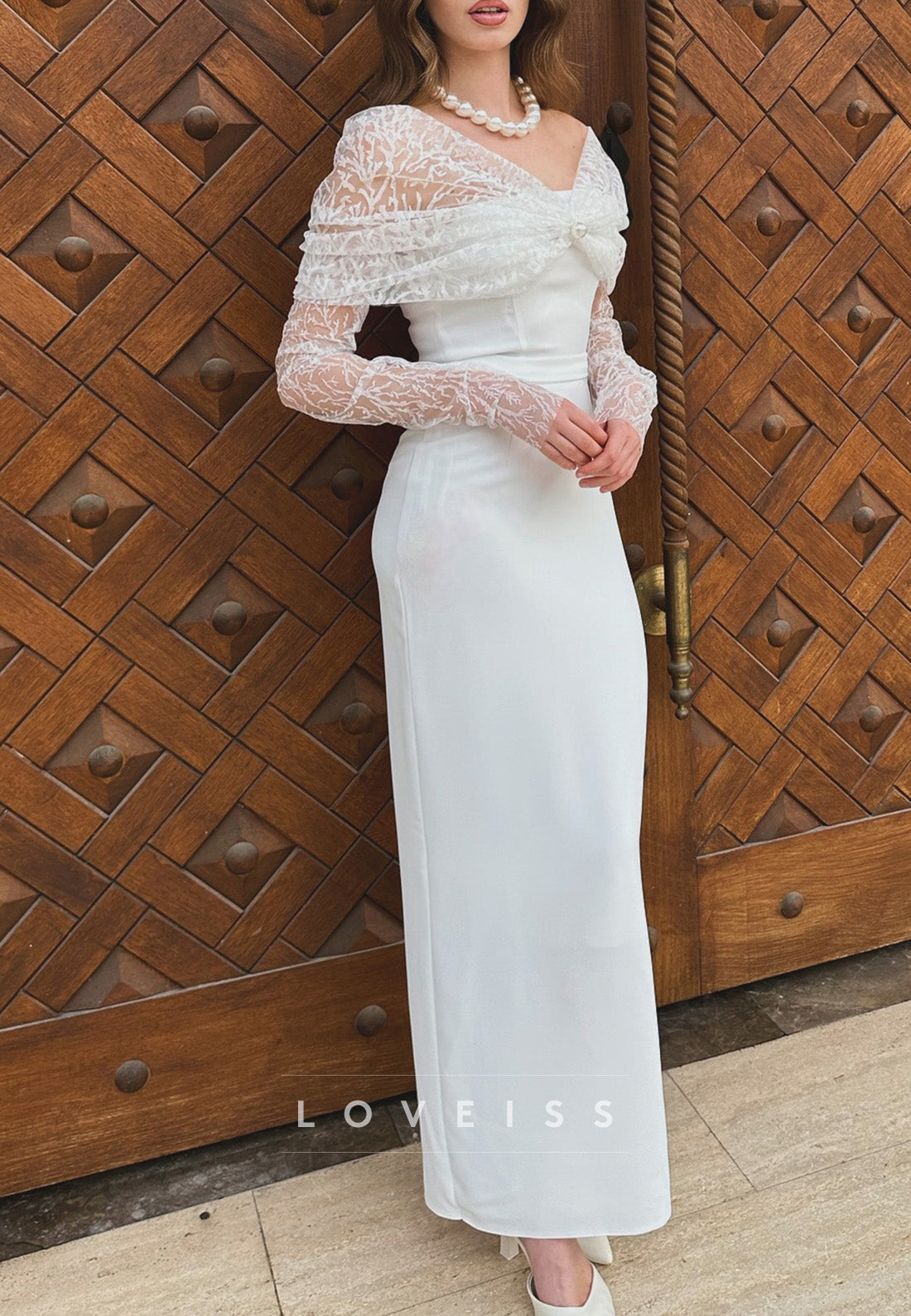 V-Neck Long Sleeves Sheath Floor Length Wedding Dress
