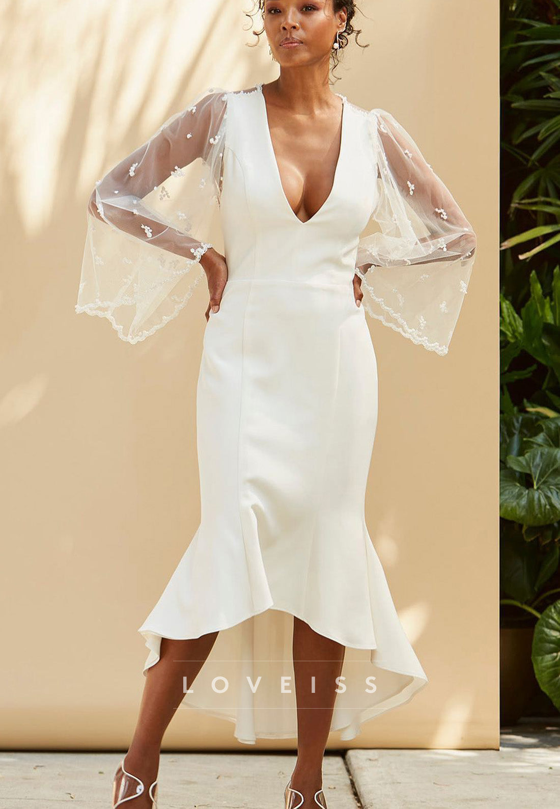 V-Neck Long Sleeves Sheath Tea-Length Civil Wedding Dress