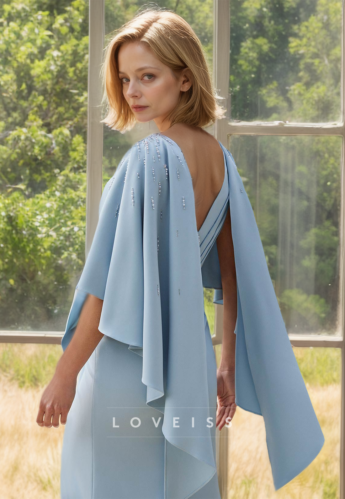 V-Neck Long Sleeves Side Slit Beaded Pleated Sheath Mother of Bride Dress