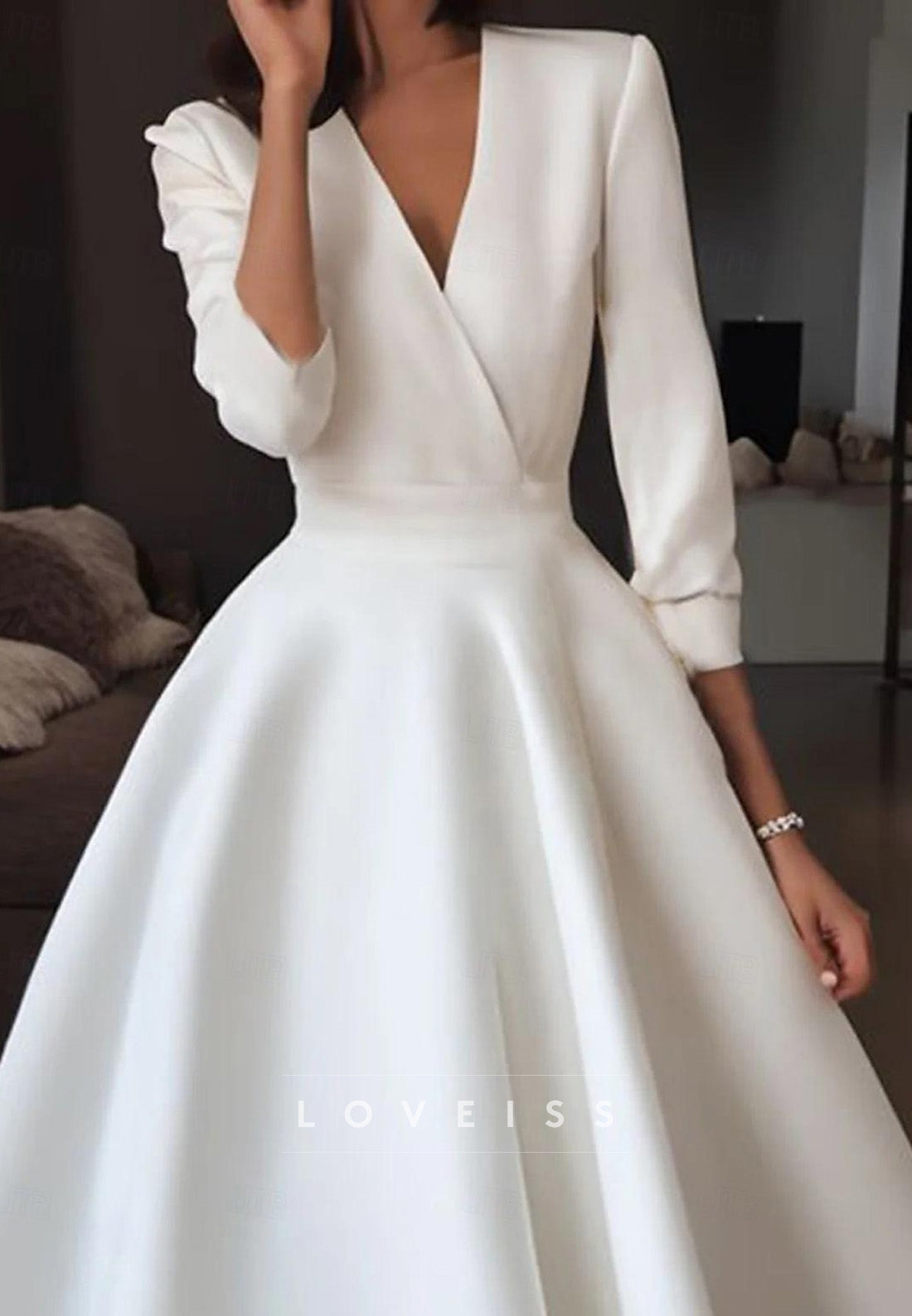 V-Neck Long Sleeves Sleek A-Line Midi Wedding Dress