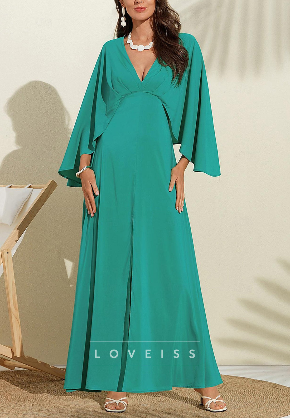 V-Neck Long Sleeves Sleek A-Line Mother of Bride Dress