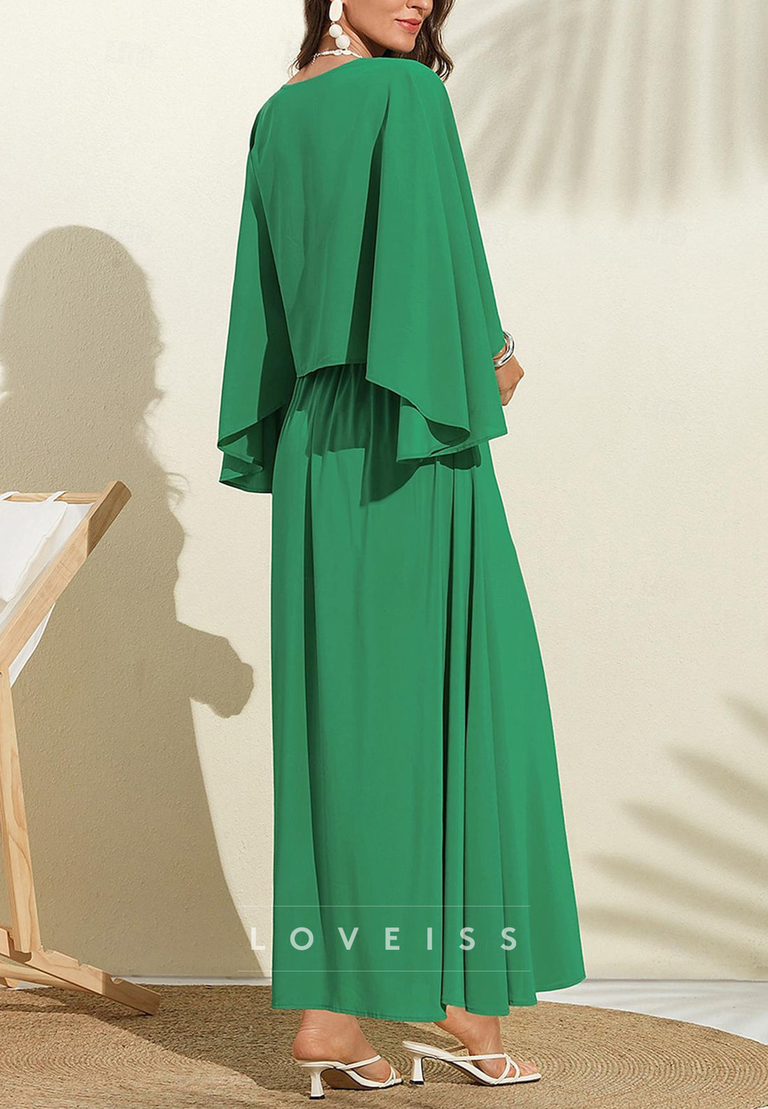 V-Neck Long Sleeves Sleek A-Line Mother of Bride Dress