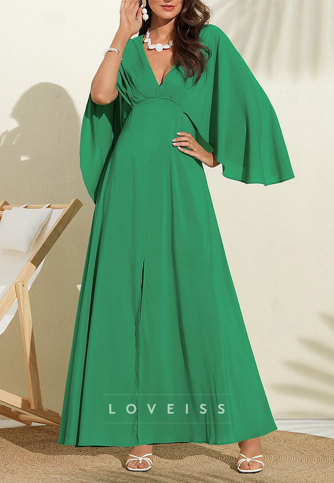 V-Neck Long Sleeves Sleek A-Line Mother of Bride Dress