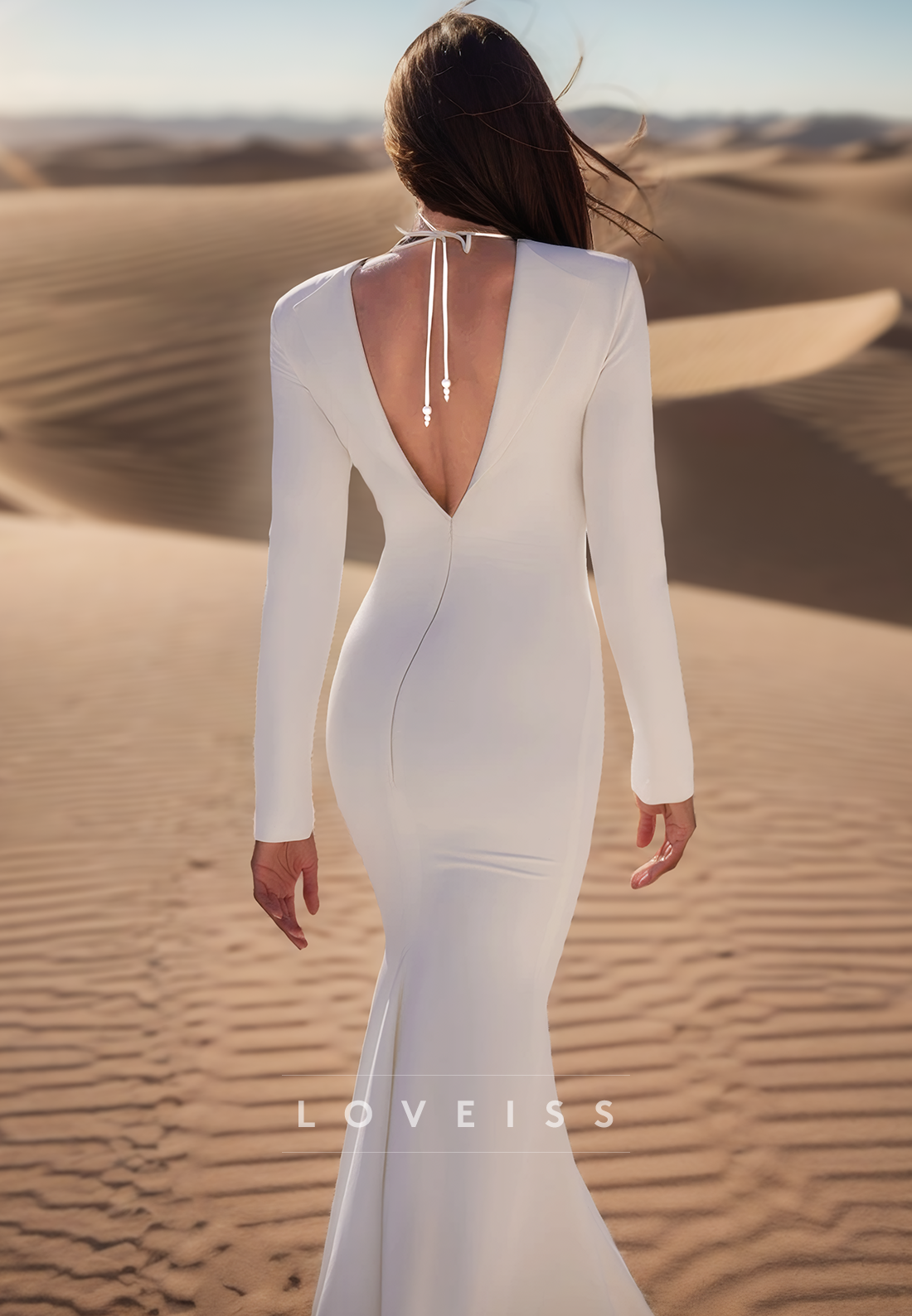 V-Neck Long Sleeves Sleek Beaded Mermaid Wedding Dress