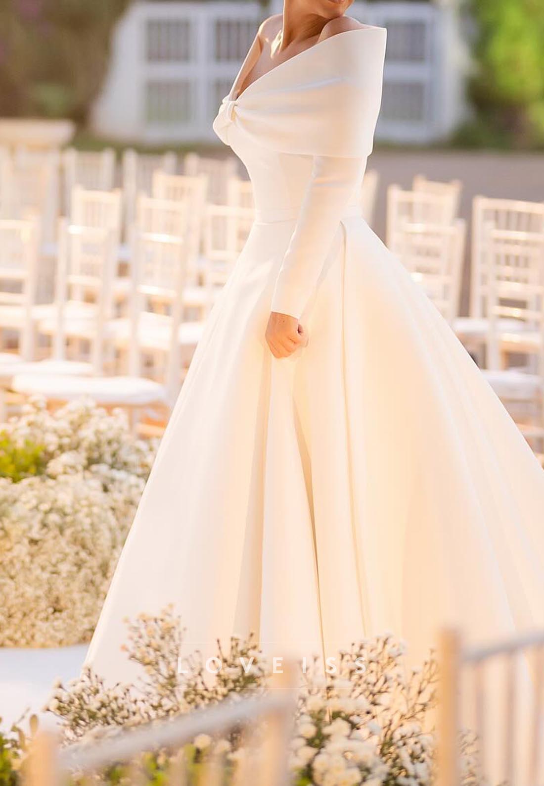 V-Neck Long Sleeves Sleek Satin A-Line Wedding Dress