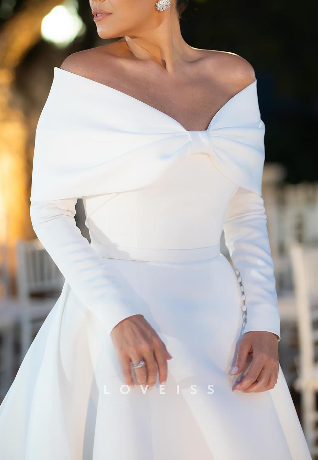 V-Neck Long Sleeves Sleek Satin A-Line Wedding Dress