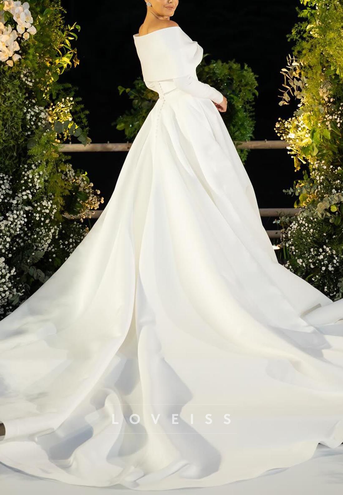 V-Neck Long Sleeves Sleek Satin A-Line Wedding Dress