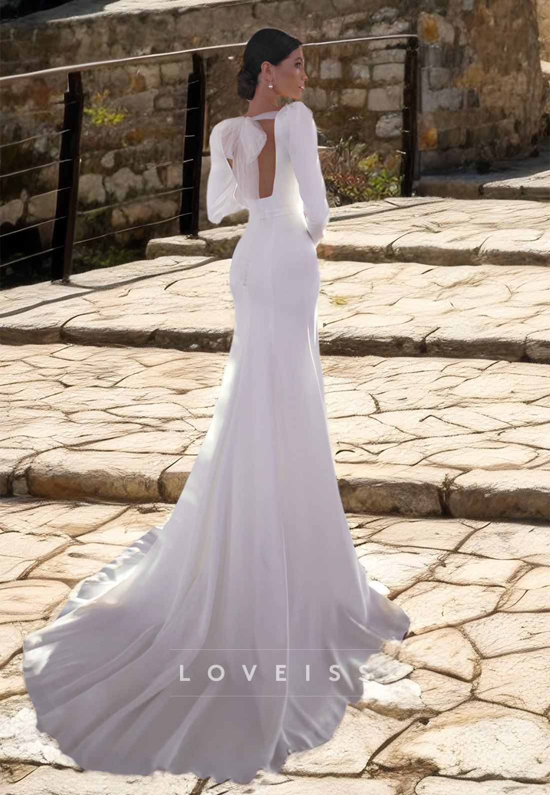 V-Neck Long Sleeves Sleek Satin Pleated Mermaid Wedding Dress