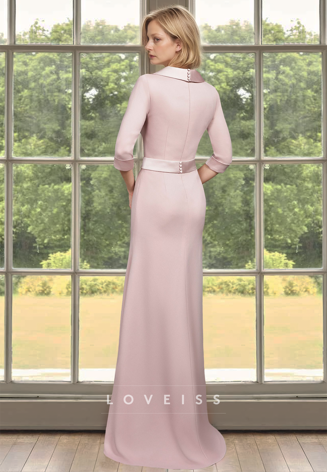 V-Neck Long Sleeves Sleek Satin Sheath Mother of Bride Dress