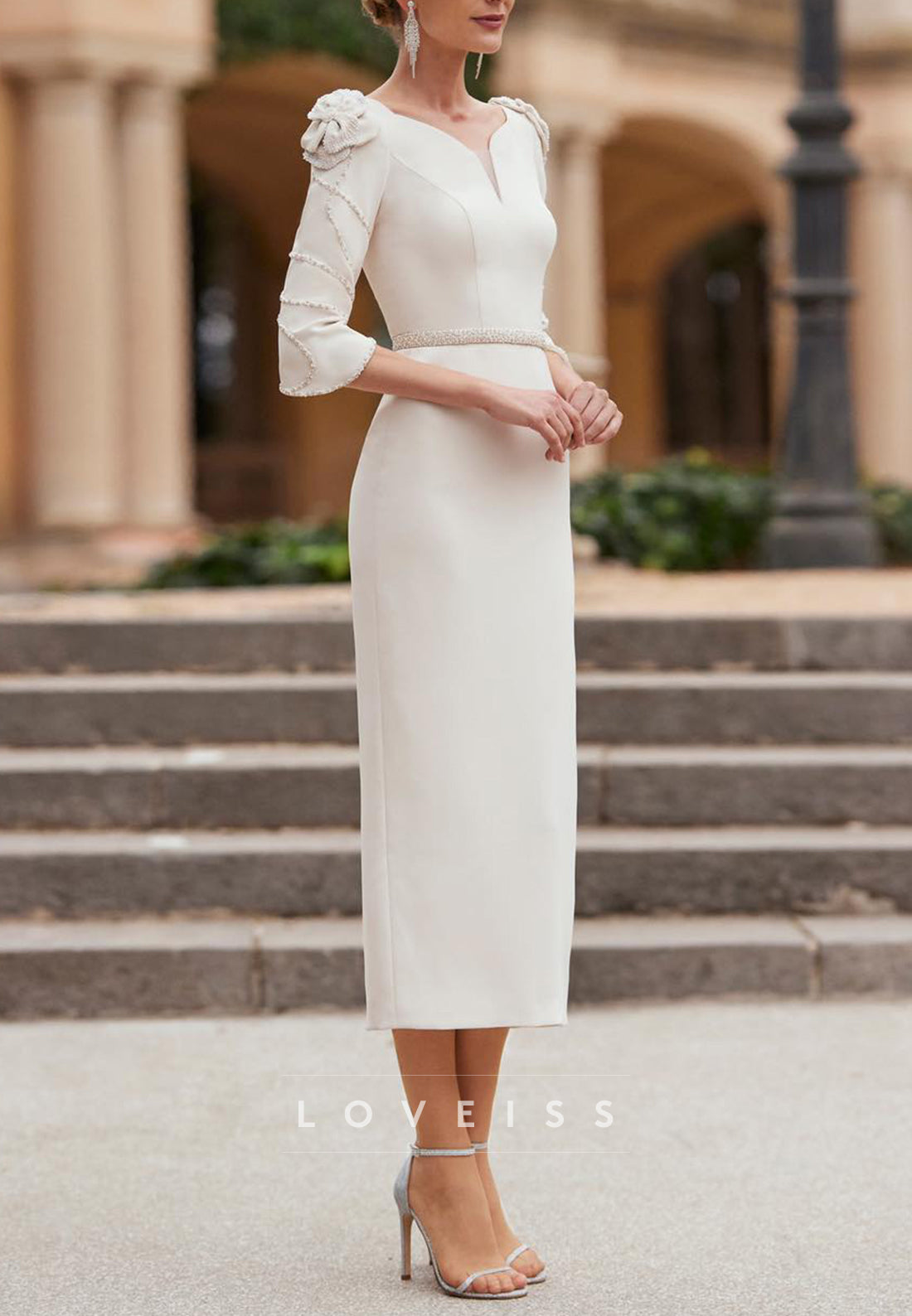 V-Neck Long Sleeves Sleek Sheath Midi Mother of Bride Dress