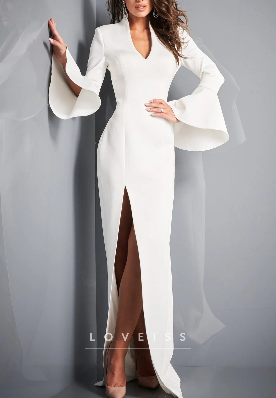 V-Neck Long Sleeves Sleek Side Slit Sheath Evening Dress