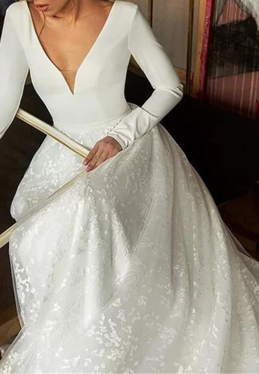 V-Neck Long Sleeves Sparkly A-Line Wedding Dress