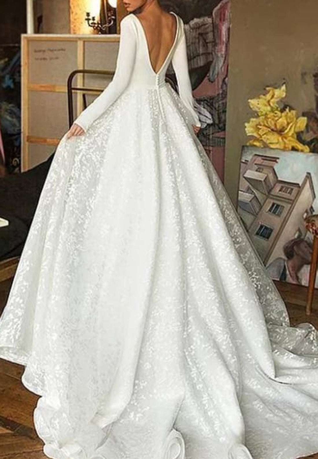 V-Neck Long Sleeves Sparkly A-Line Wedding Dress