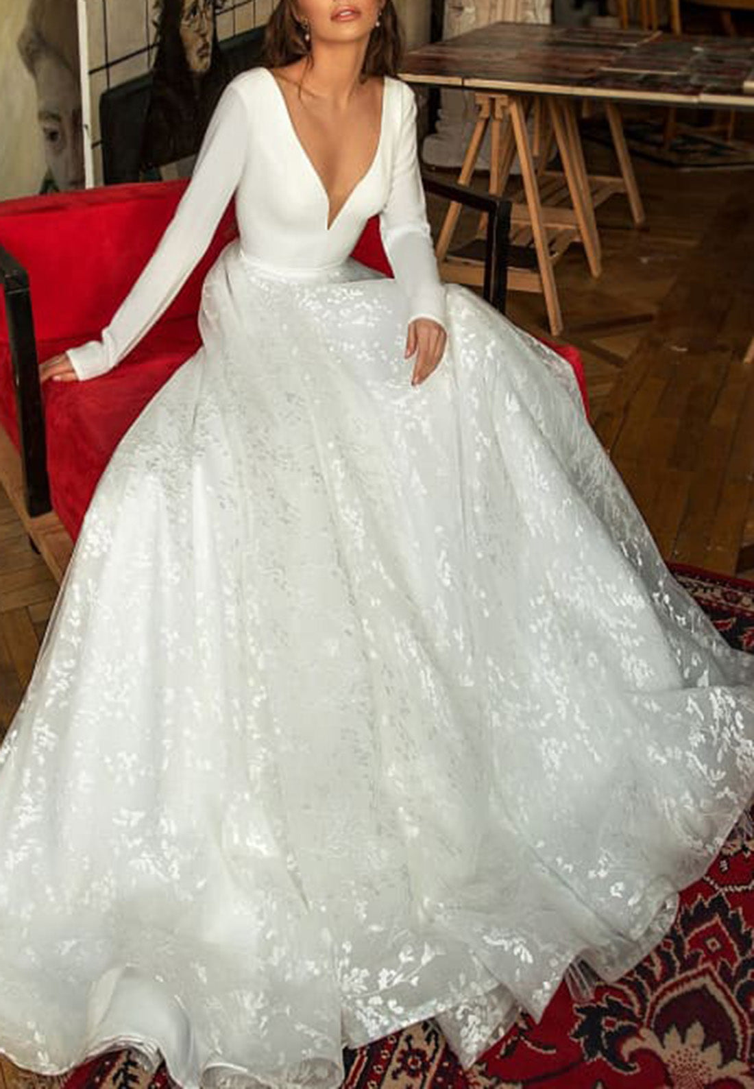 V-Neck Long Sleeves Sparkly A-Line Wedding Dress