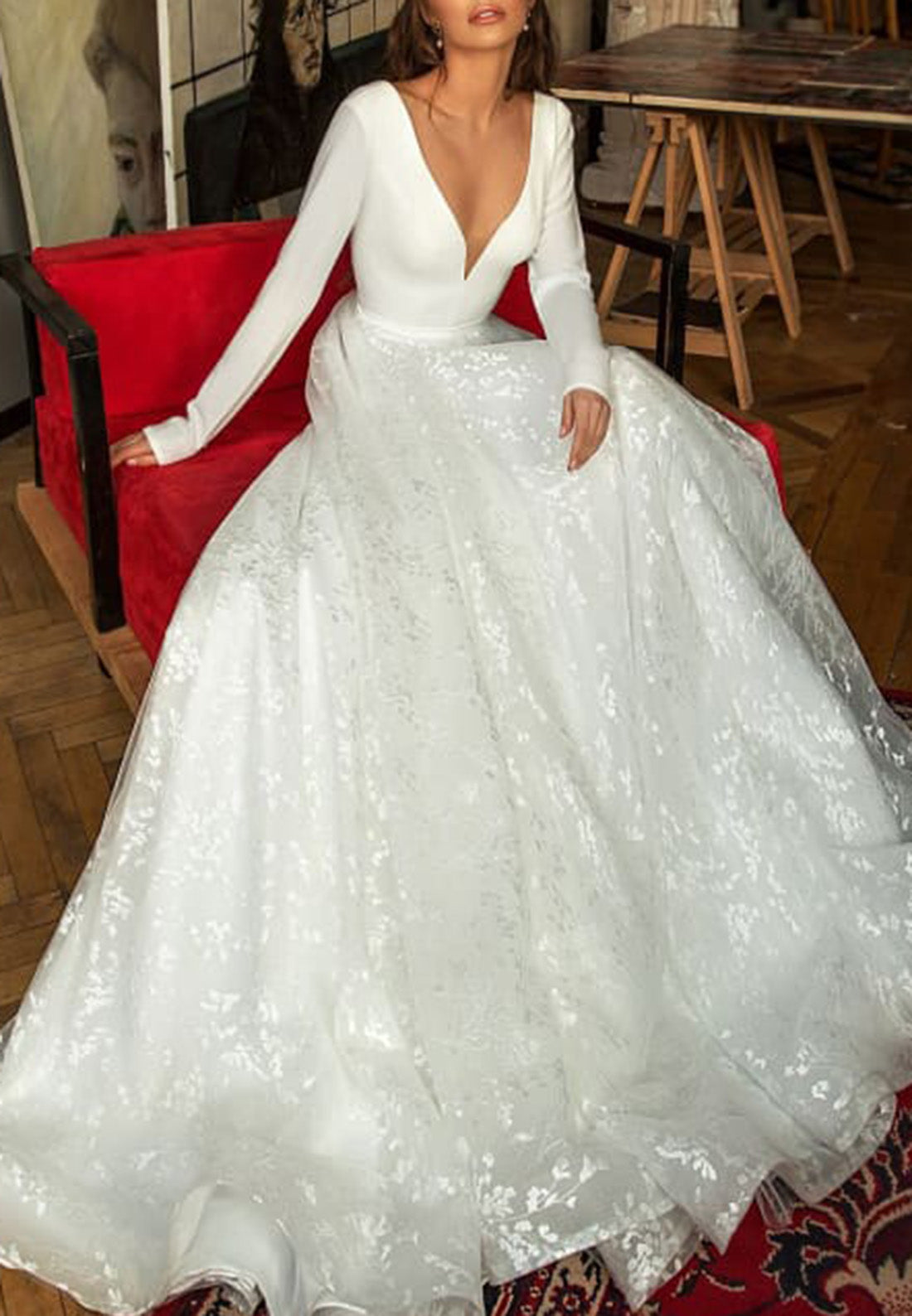 V-Neck Long Sleeves Sparkly A-Line Wedding Dress