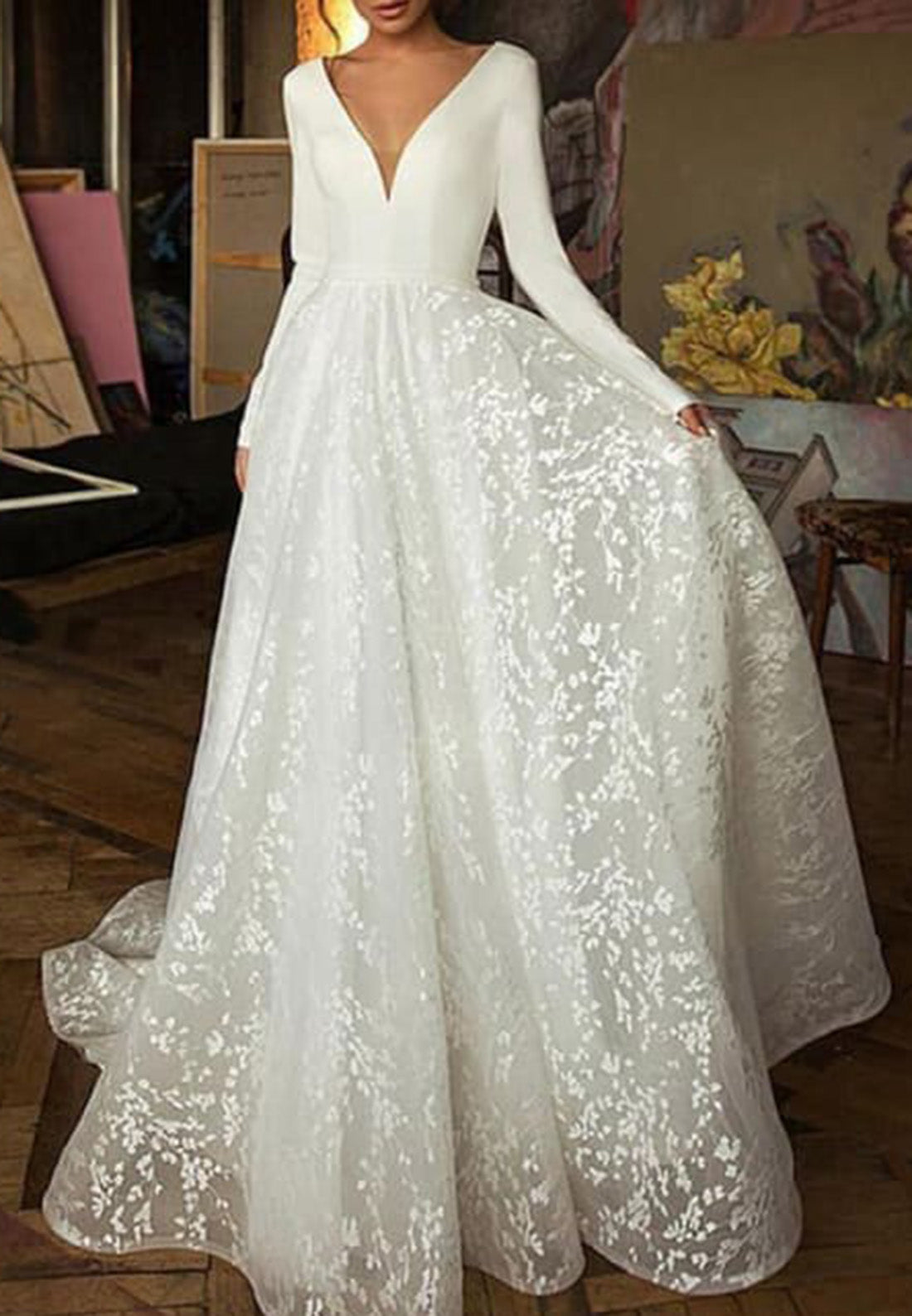 V-Neck Long Sleeves Sparkly A-Line Wedding Dress