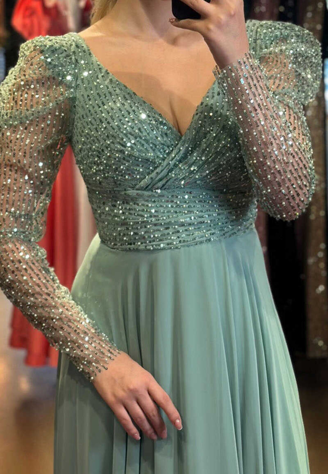 V-Neck Long Sleeves Sparkly Pleated Chiffon A-Line Mother of Bride Dress