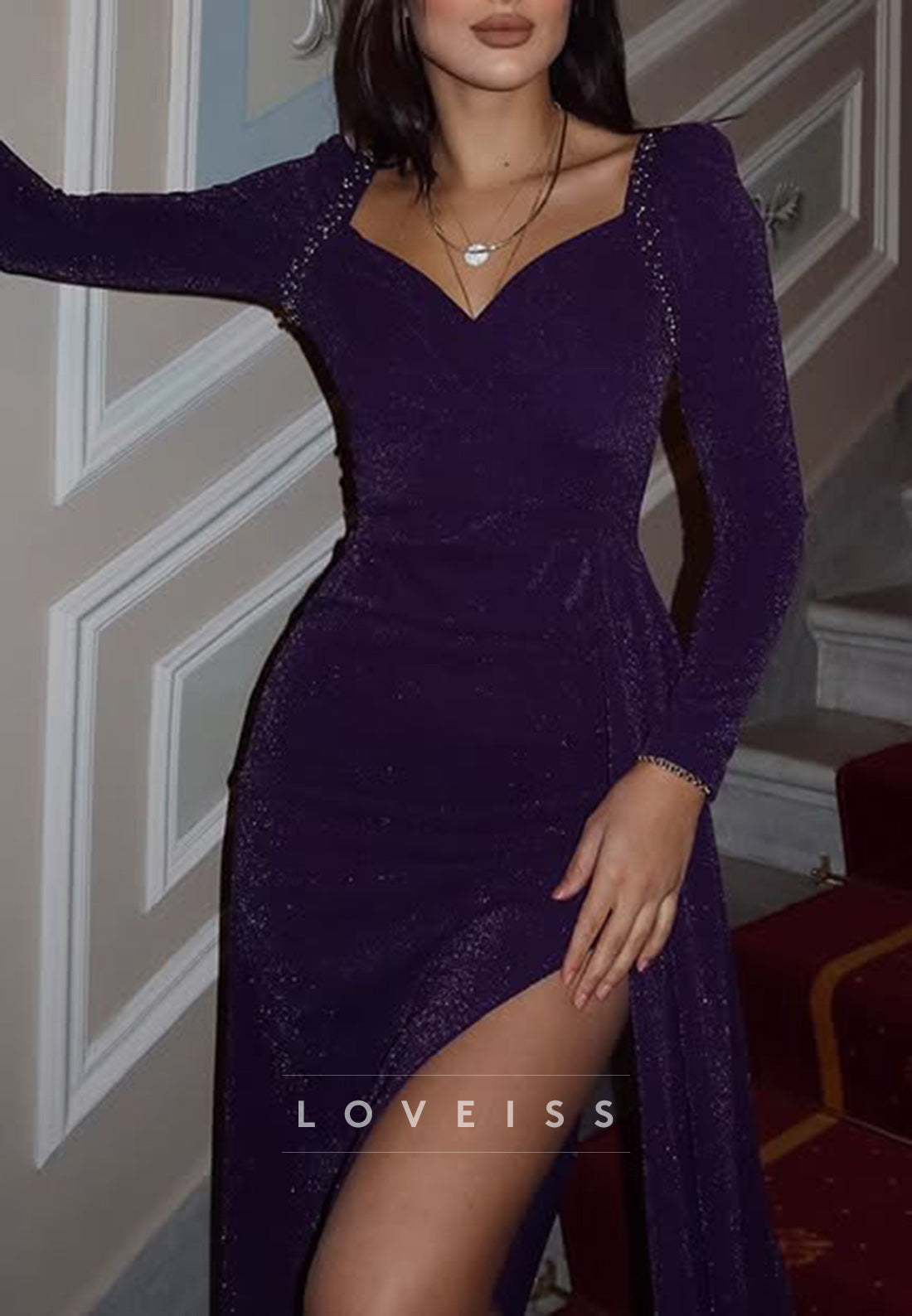 V-Neck Long Sleeves Sparkly Sheath Formal Dress