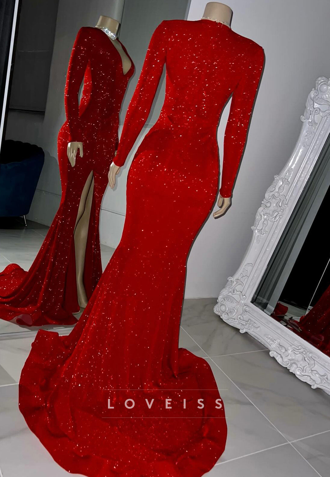 V-Neck Long Sleeves Sparkly Sheath Prom Dress for Black Girls
