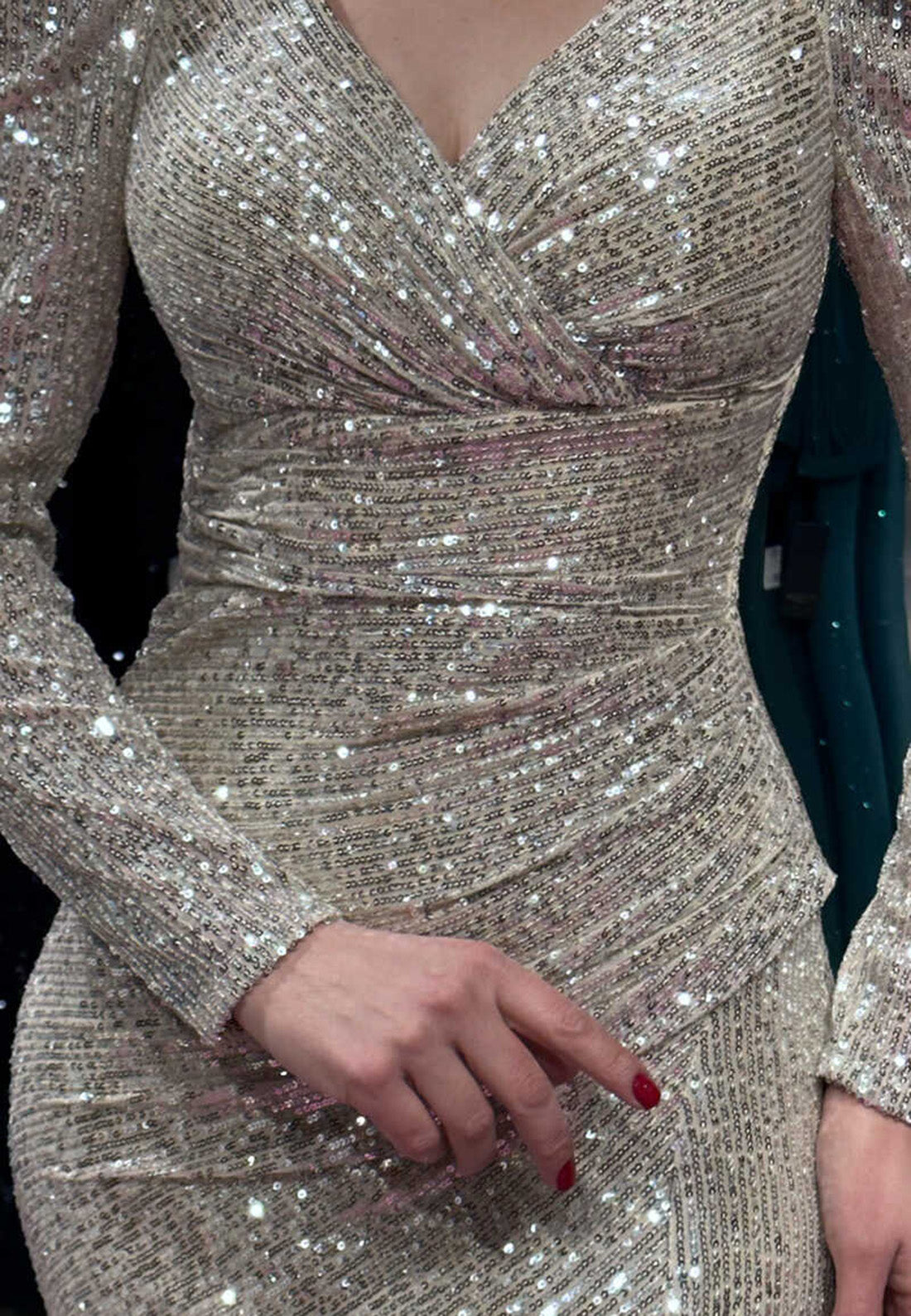 V-Neck Long Sleeves Sparkly Side Slit Mermaid Evening Dress