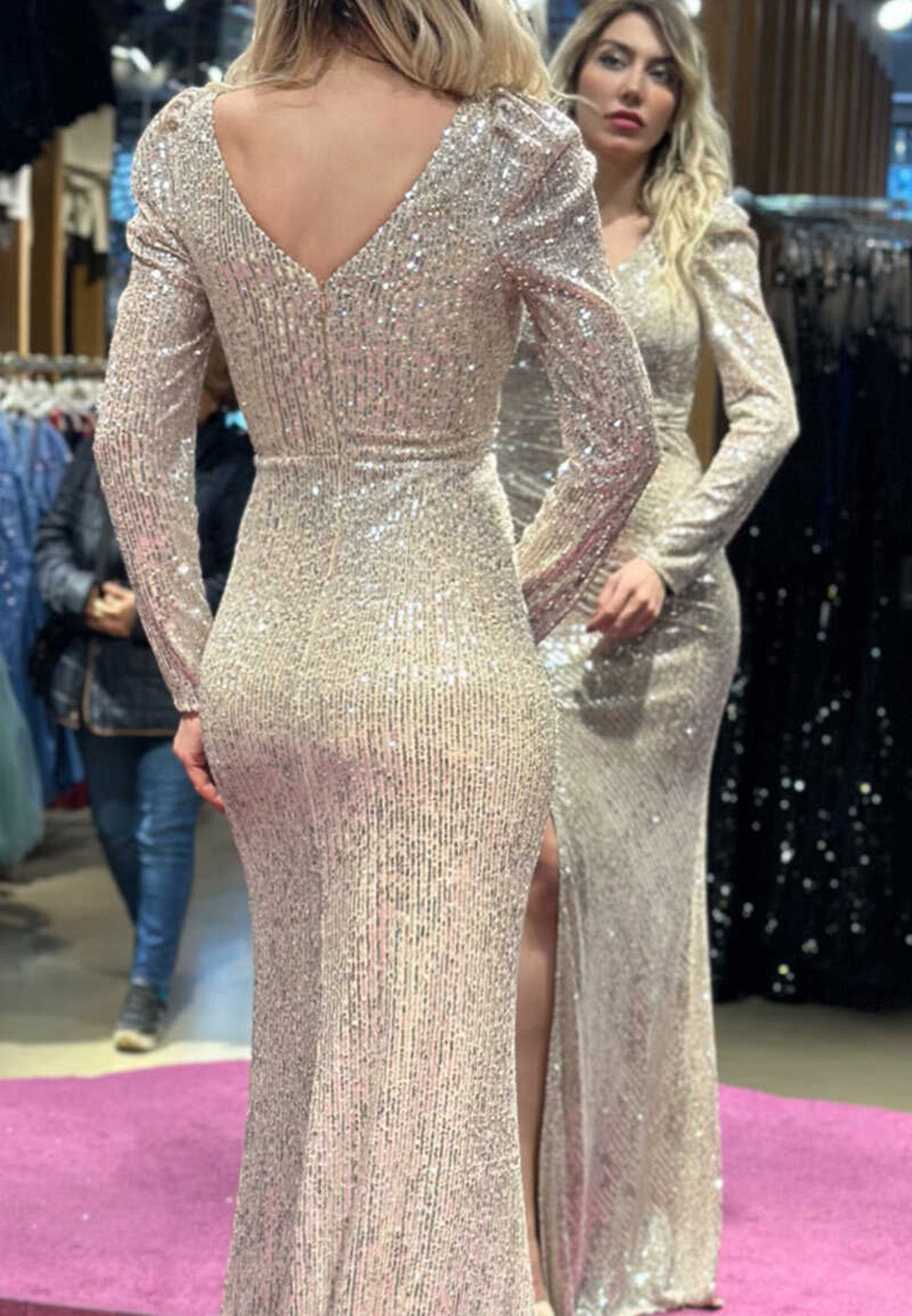 V-Neck Long Sleeves Sparkly Side Slit Mermaid Evening Dress