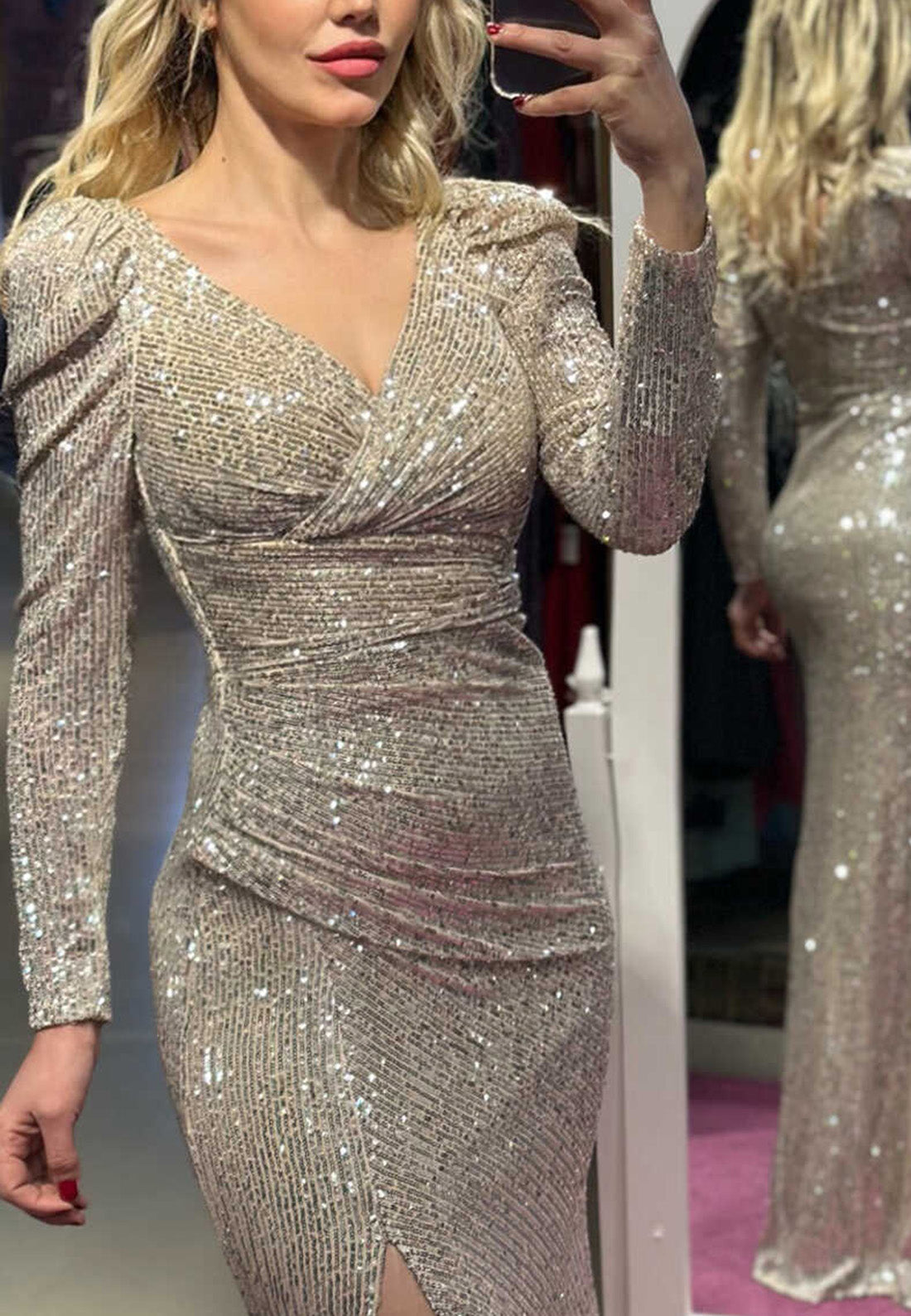 V-Neck Long Sleeves Sparkly Side Slit Mermaid Evening Dress