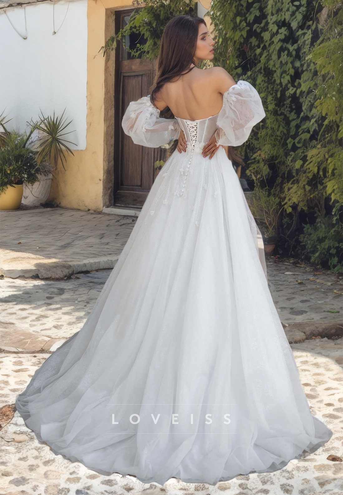 V-Neck Long Sleeves Tulle Floral Embellished A-Line Wedding Dress