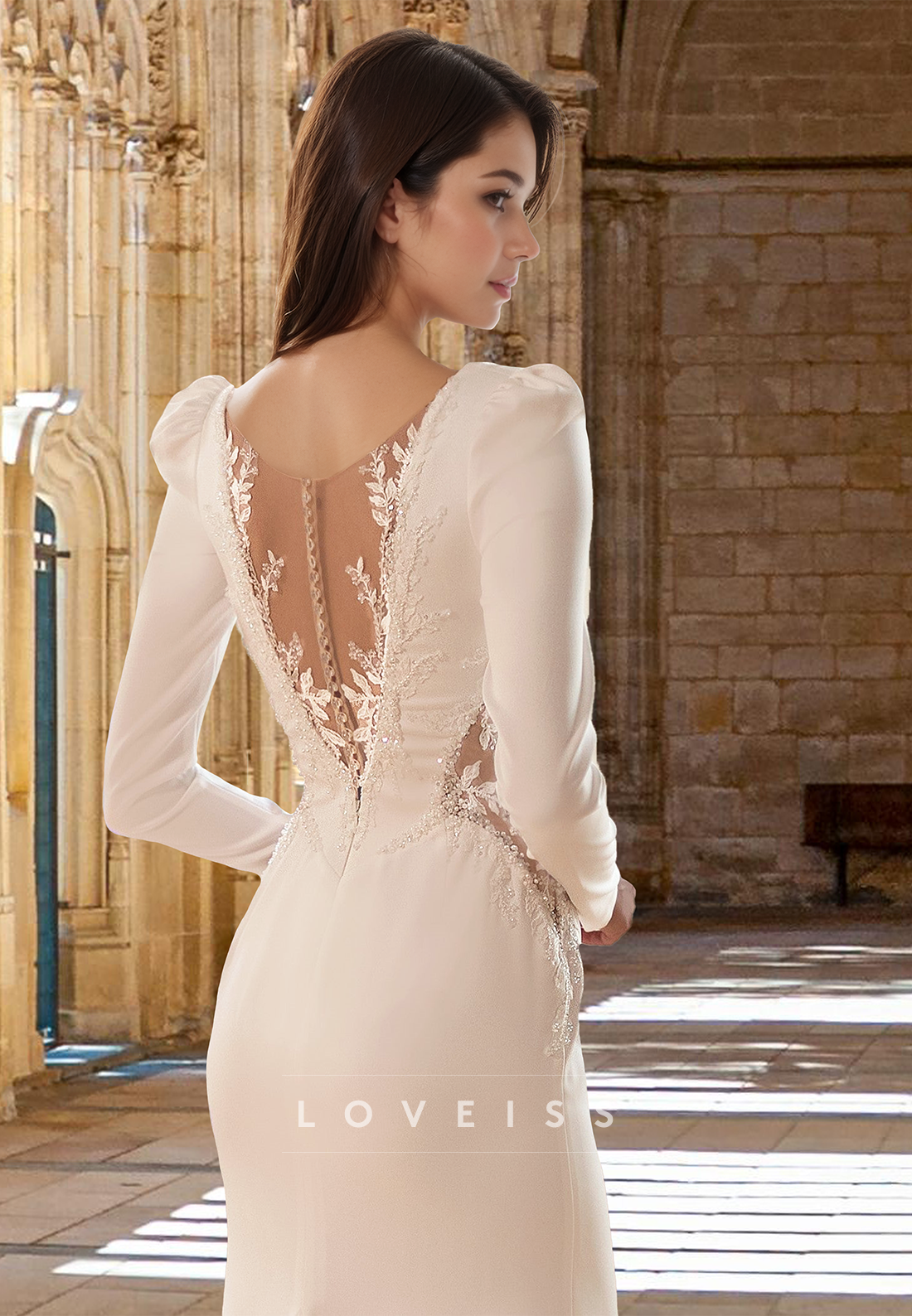 V-Neck Long Sleevs Appliques Sleek Mermaid Wedding Dress