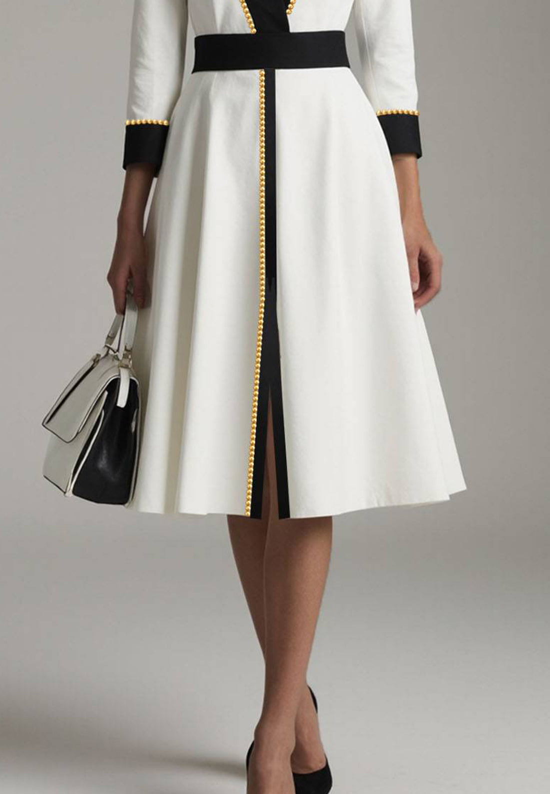 V-Neck Long Sleevs White A-Line Knee-Length Work Dress