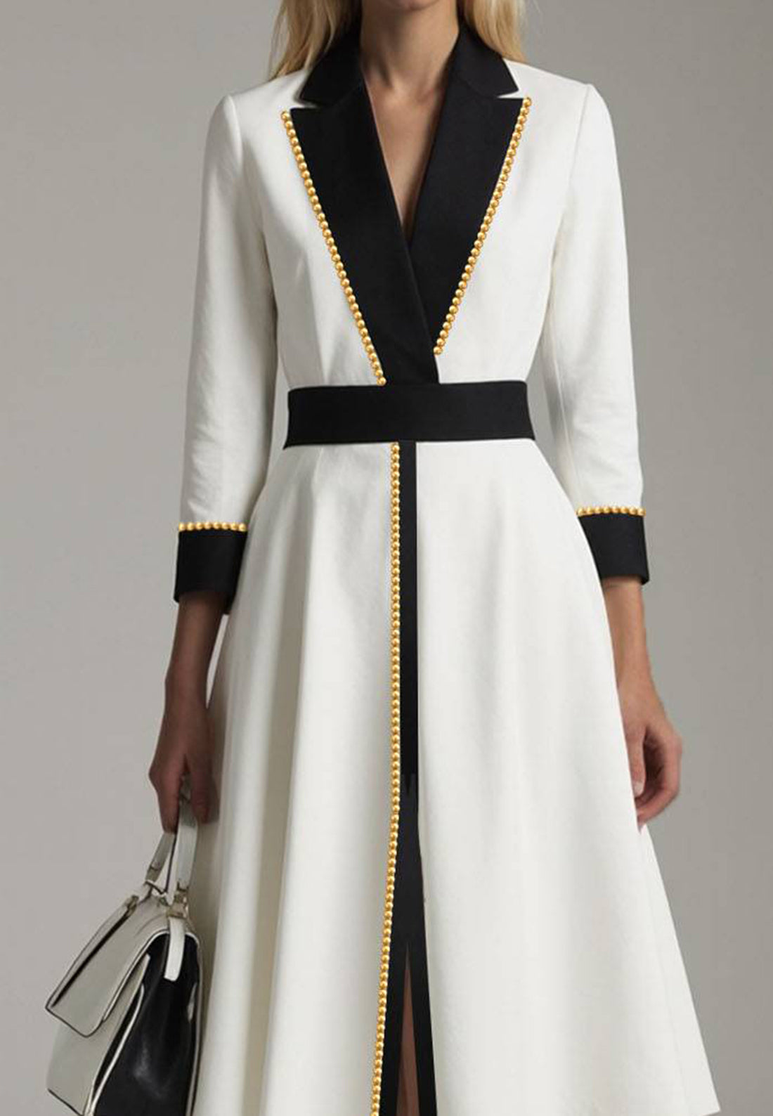 V-Neck Long Sleevs White A-Line Knee-Length Work Dress