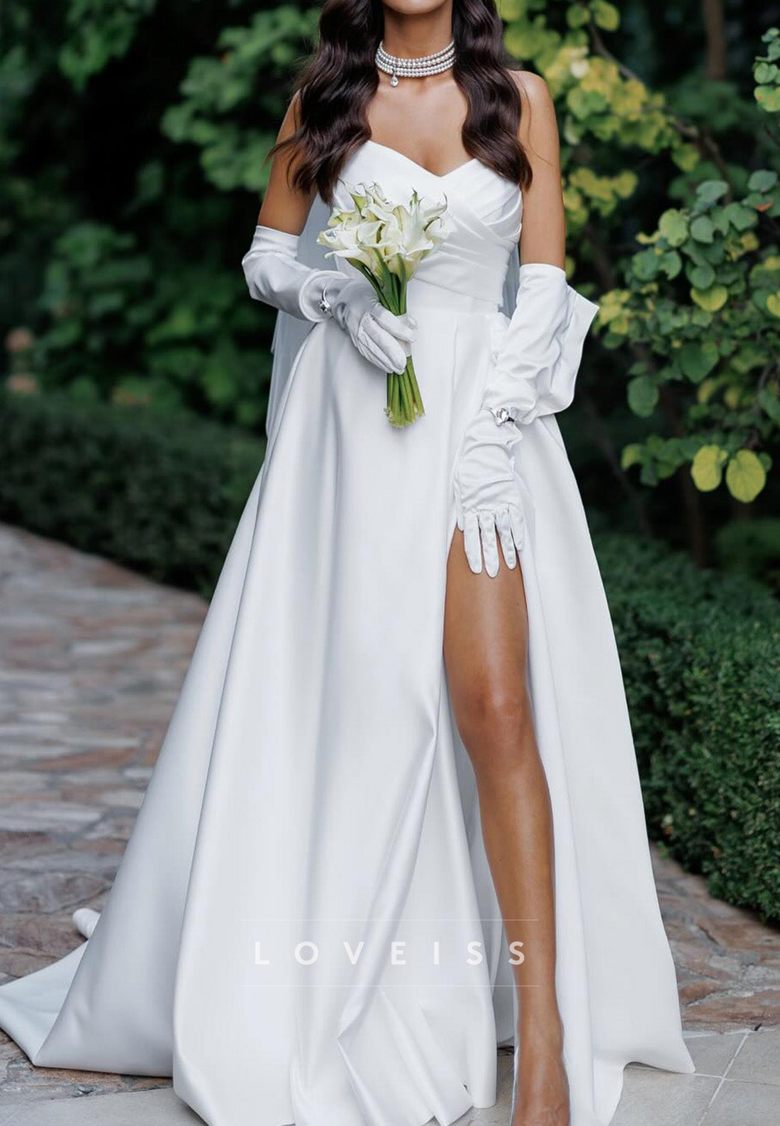 V-Neck Pleated Side Slit A-Line Simple Wedding Dress