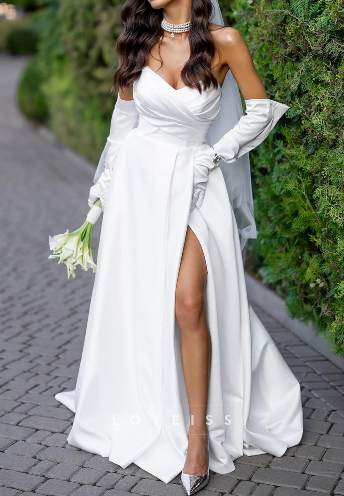 V-Neck Pleated Side Slit A-Line Simple Wedding Dress