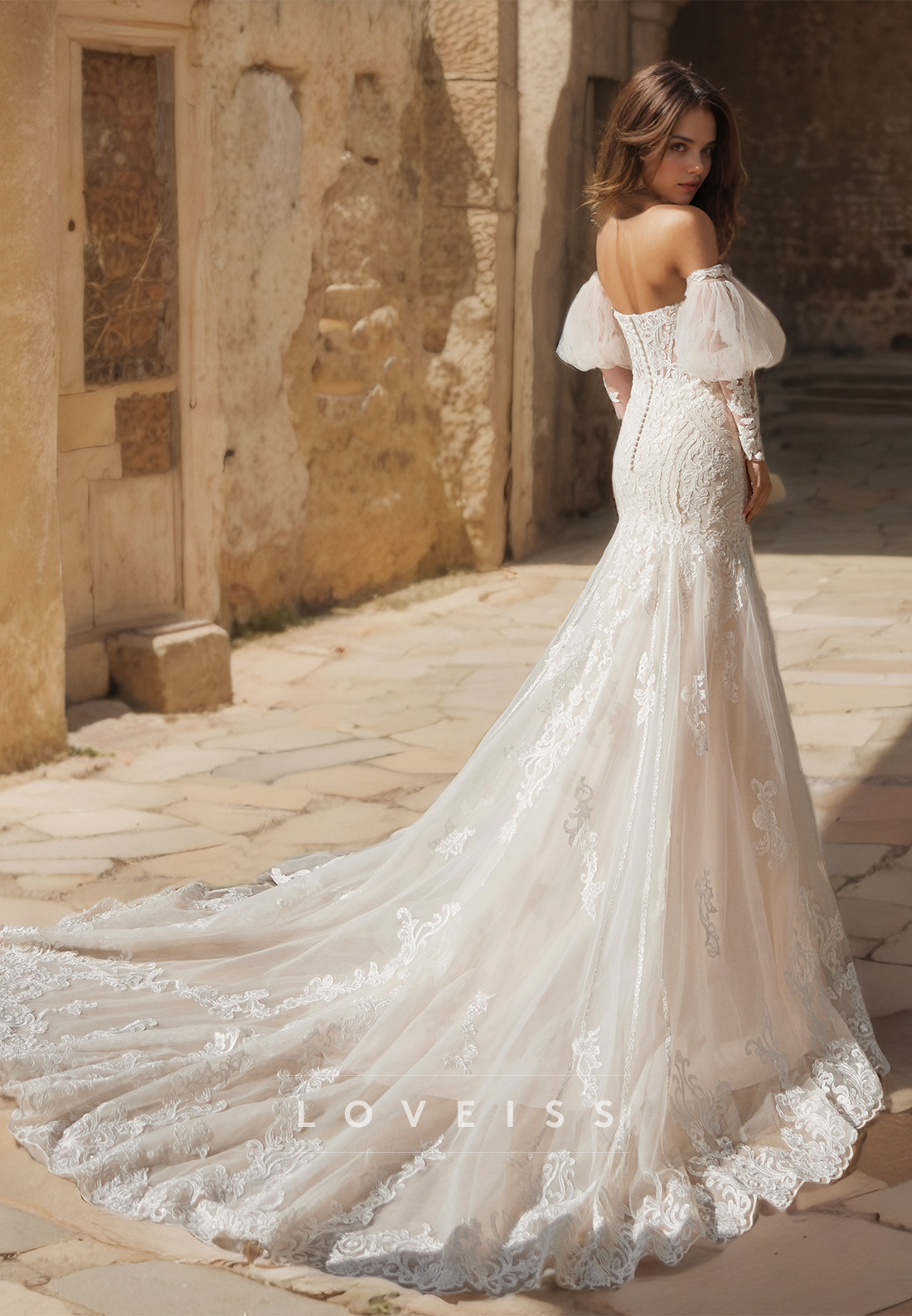 V-Neck Puff Sleeves Appliques Mermaid Wedding Dress