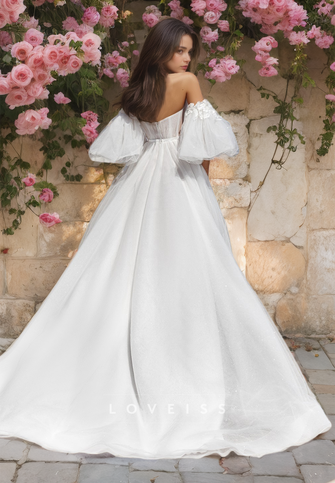 V-Neck Puff Sleeves Floral Embellished Tulle A-Line Wedding Dress