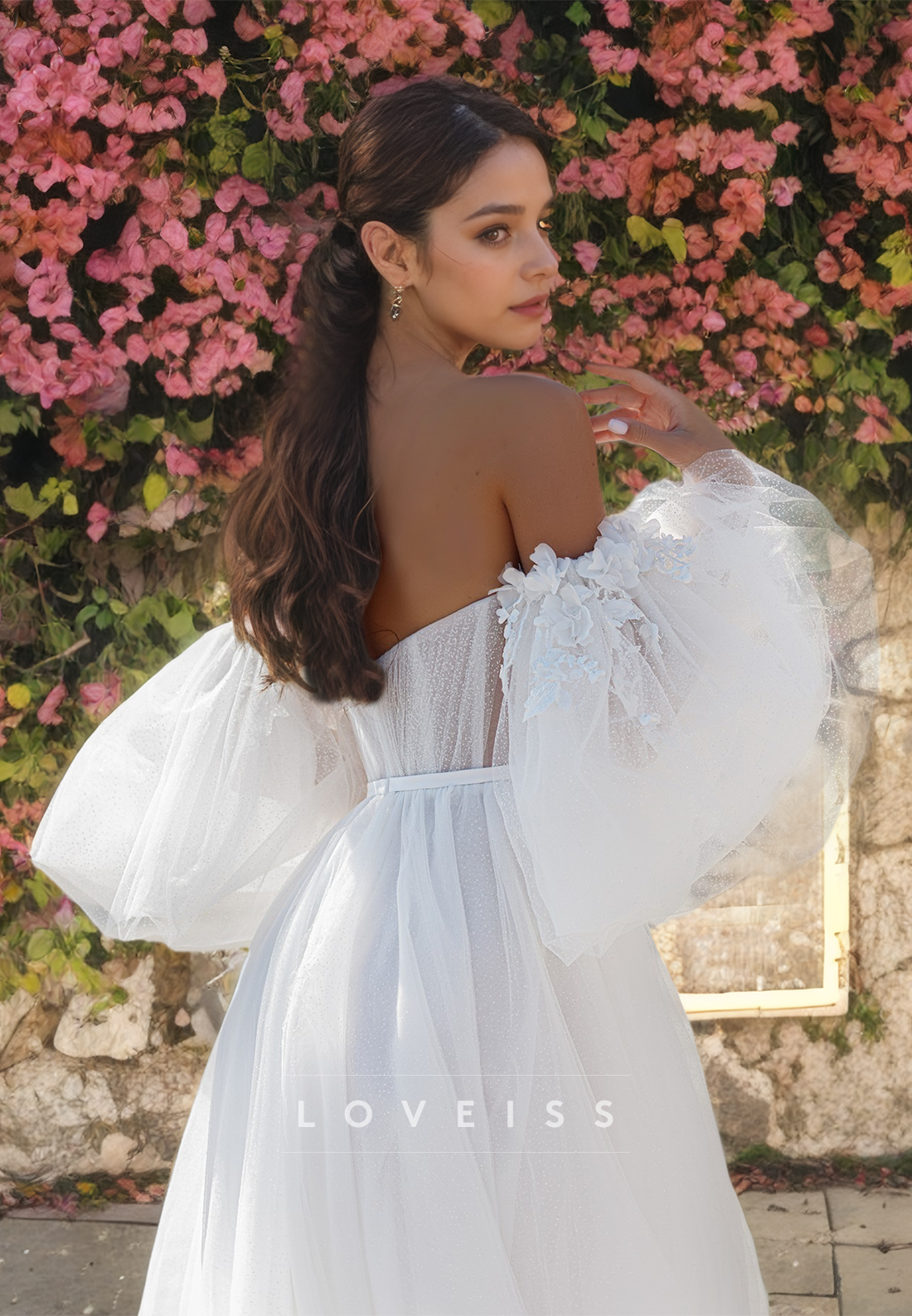 V-Neck Puff Sleeves Floral Embellished Tulle A-Line Wedding Dress