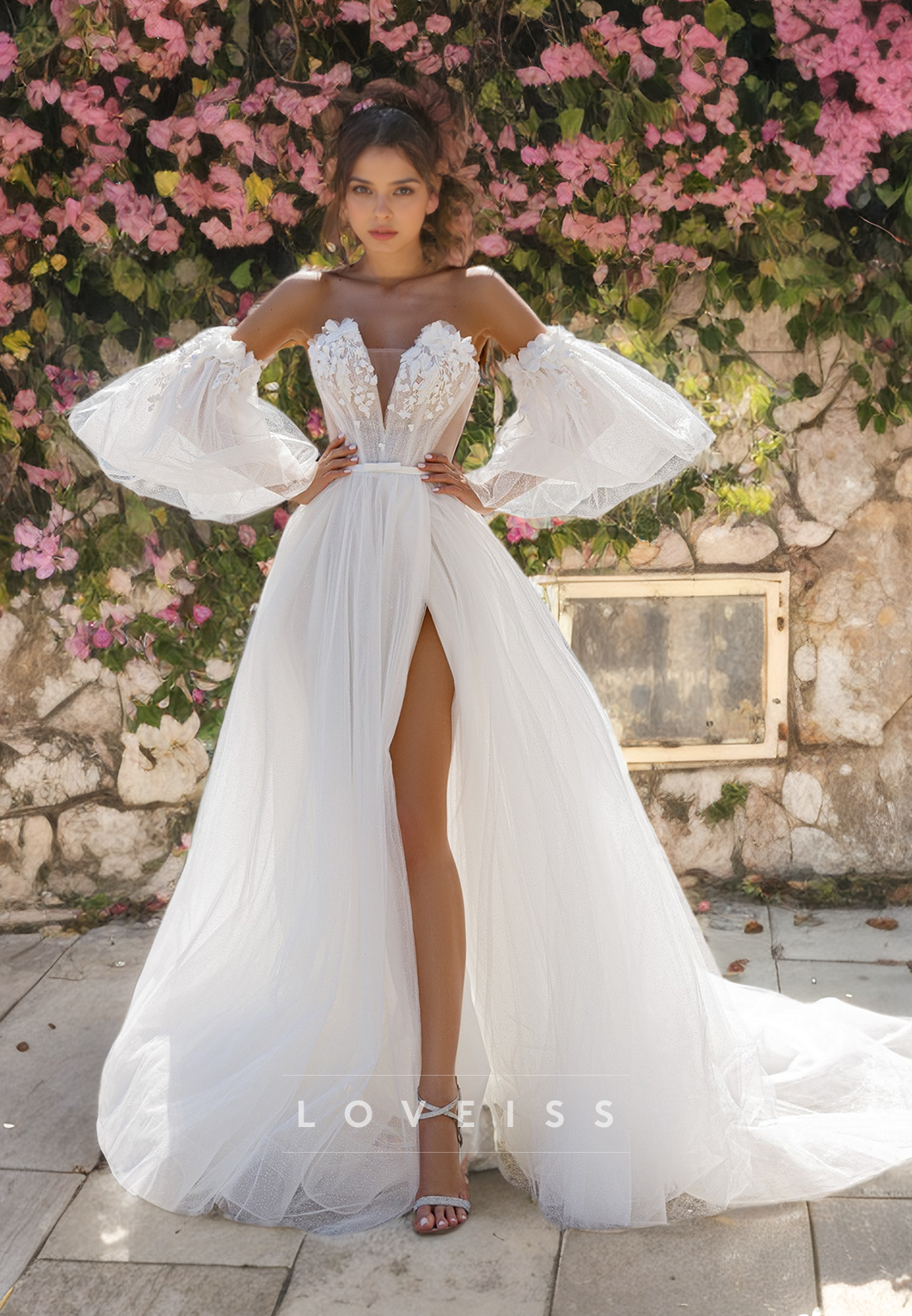 V-Neck Puff Sleeves Floral Embellished Tulle A-Line Wedding Dress
