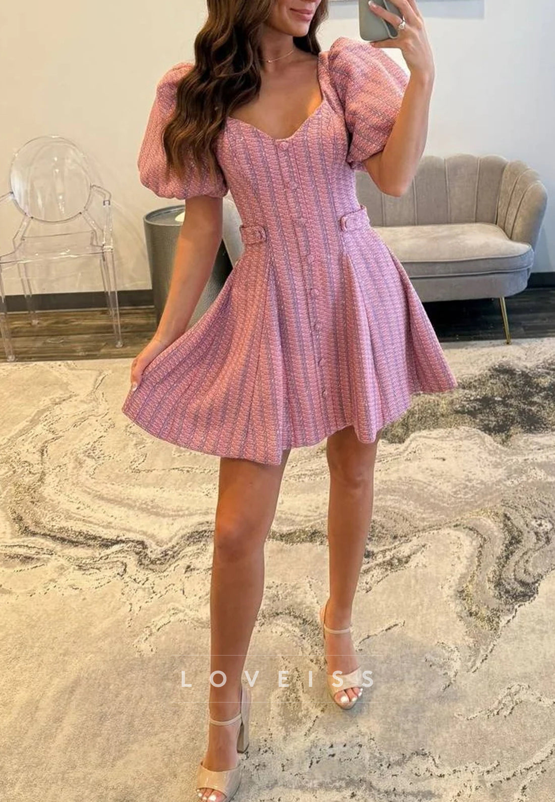 V-Neck Puff Sleeves Pleated A-Line Party Homecoming Dress