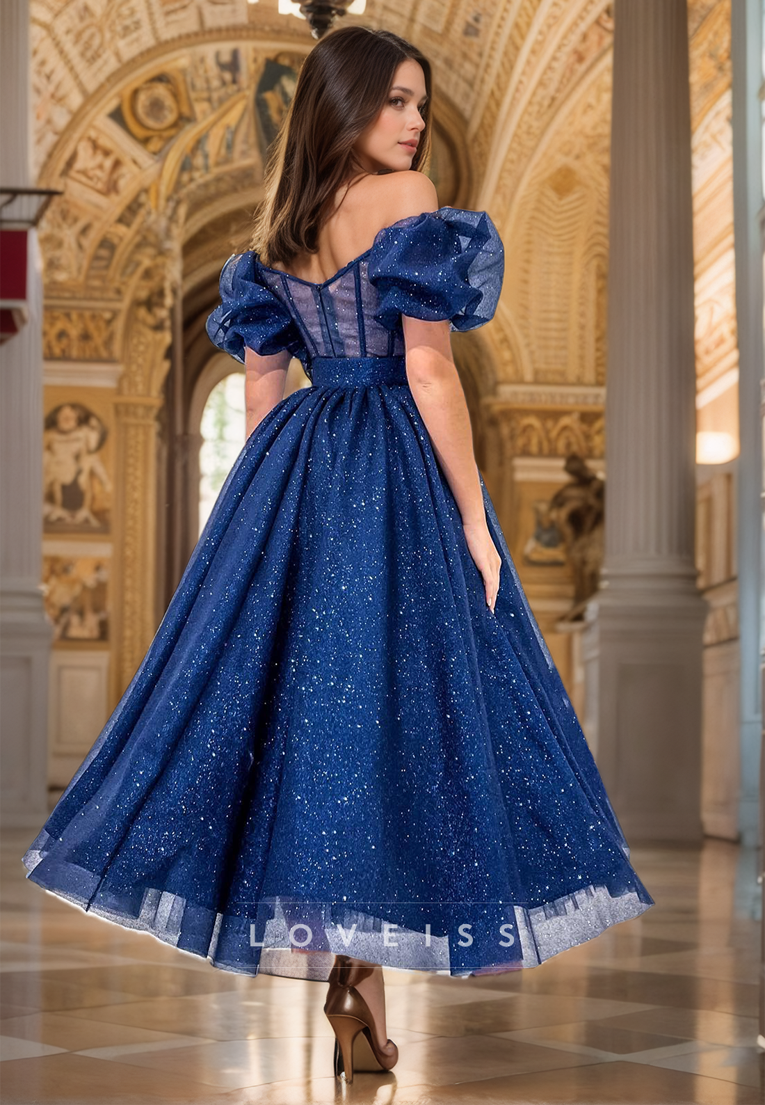 V-Neck Puff Sleeves Pleated A-Line Sparkly Prom Dress