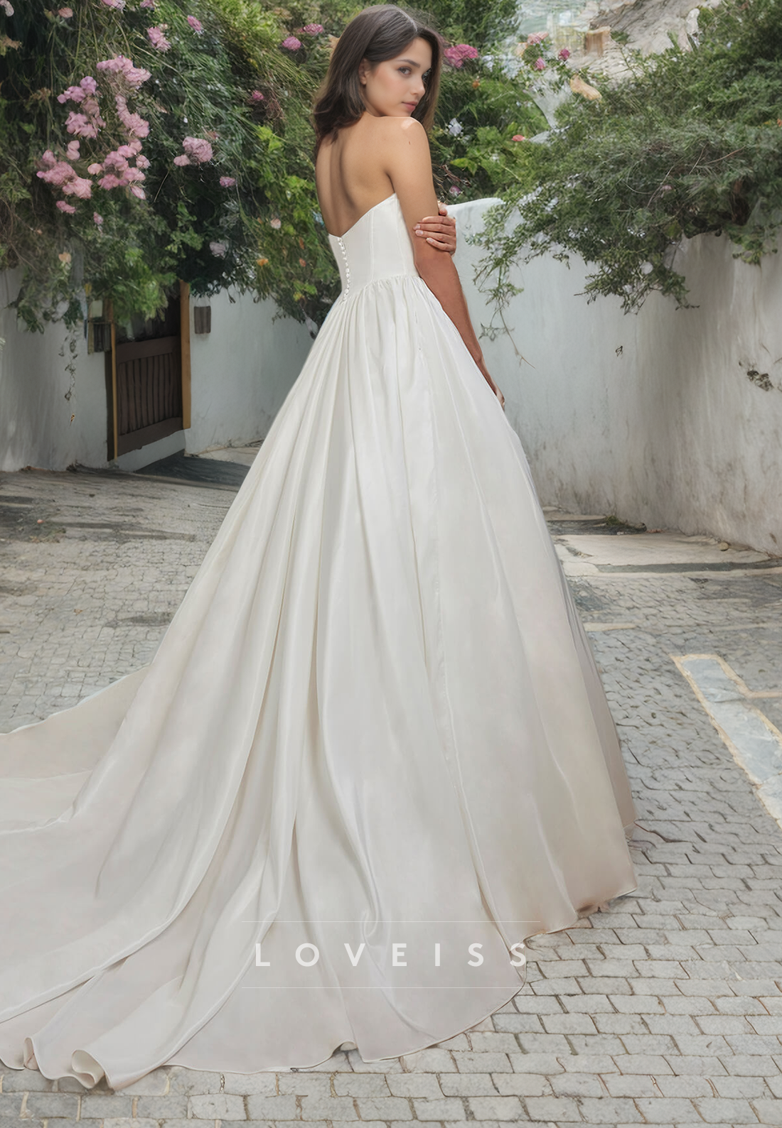 V-Neck Puff Sleeves Pleated Sleek A-Line Wedding Dress