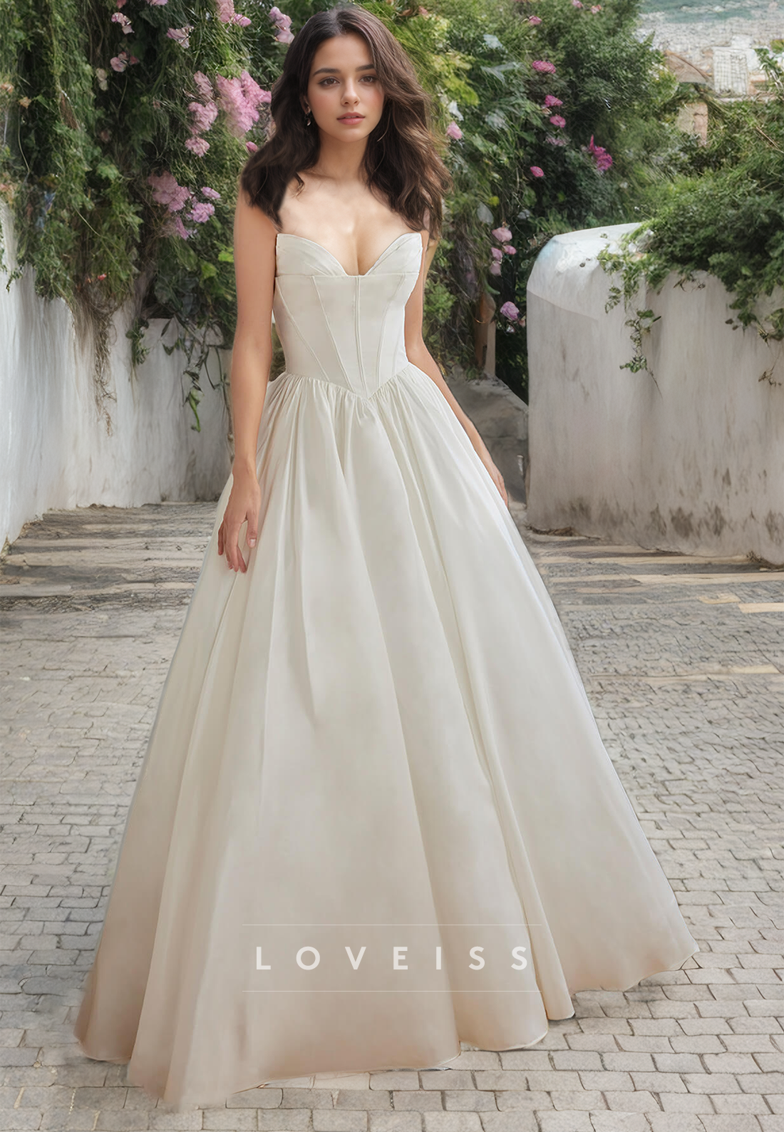 V-Neck Puff Sleeves Pleated Sleek A-Line Wedding Dress