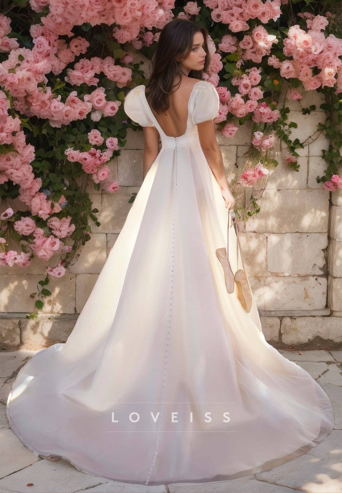 V-Neck Puff Sleeves Sleek Satin Pleated A-Line Beach Wedding Dress