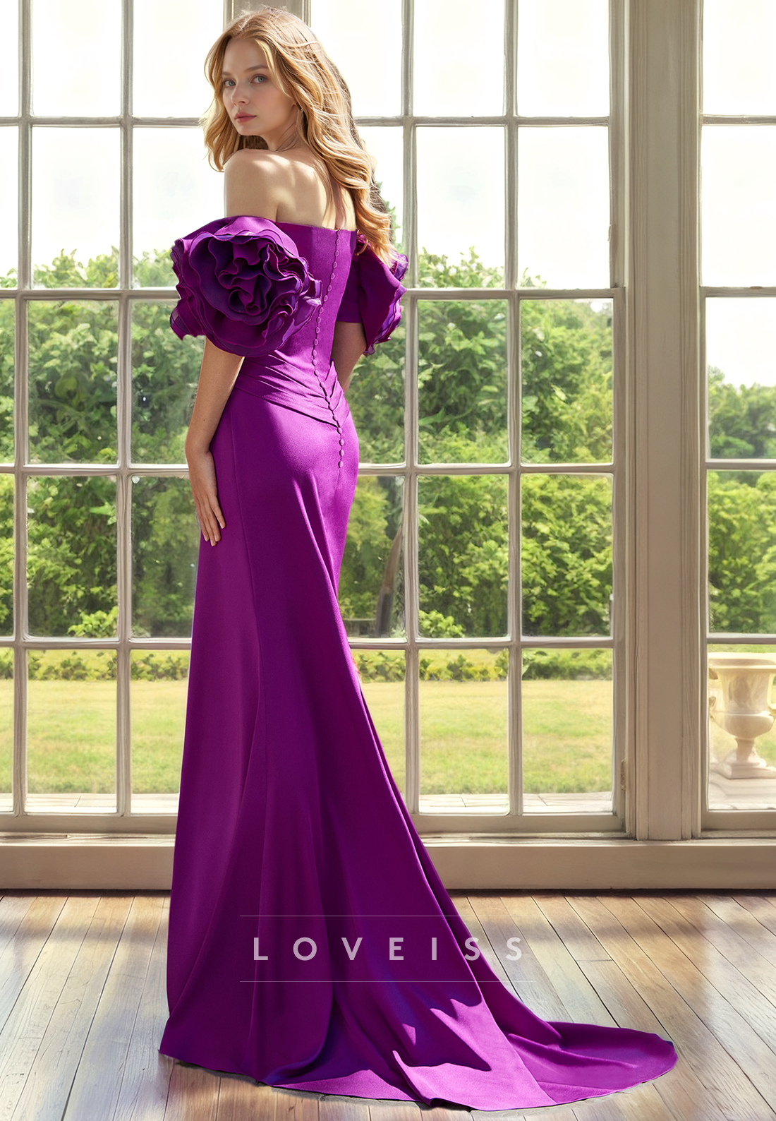 V-Neck Puff Sleeves Sleek Satin Side Slit Mermaid Mother of Bride Dress Cocktail Dress