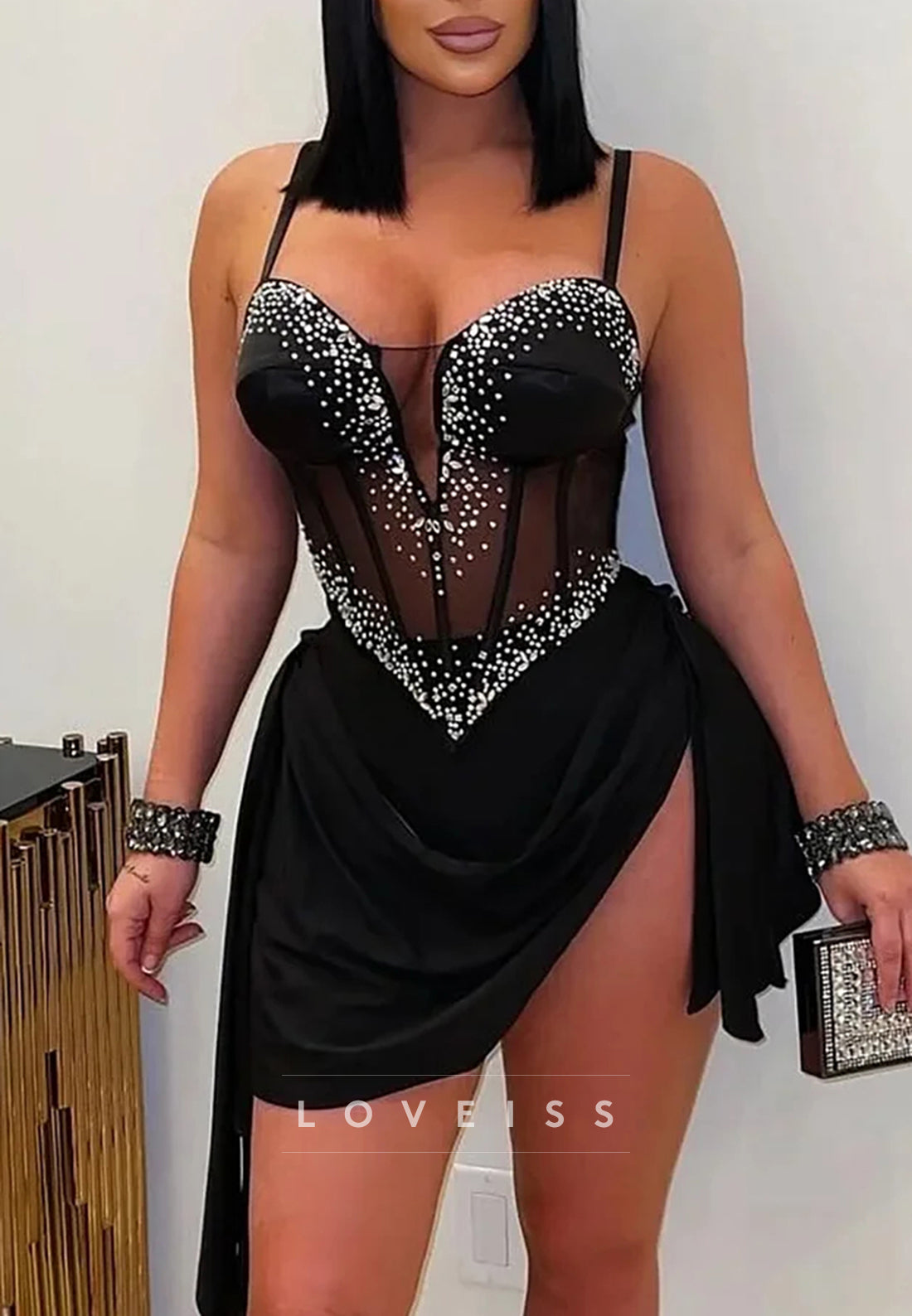 V-Neck Ruched Beading Spaghetti Straps Sheath Party Homecoming Dress