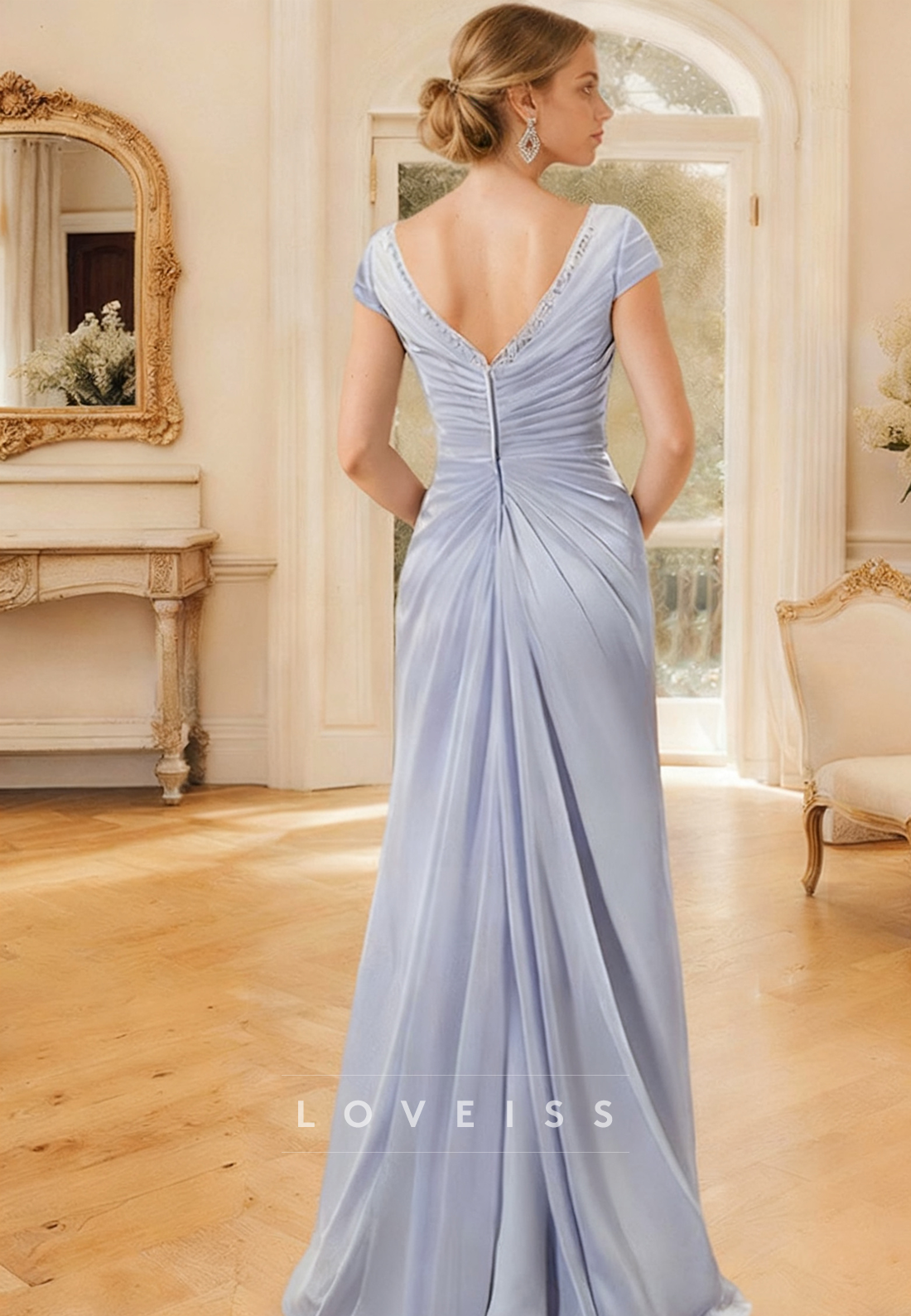 V-Neck Ruched Cap Sleeves Appliques Sheath Mother of Bride Dress