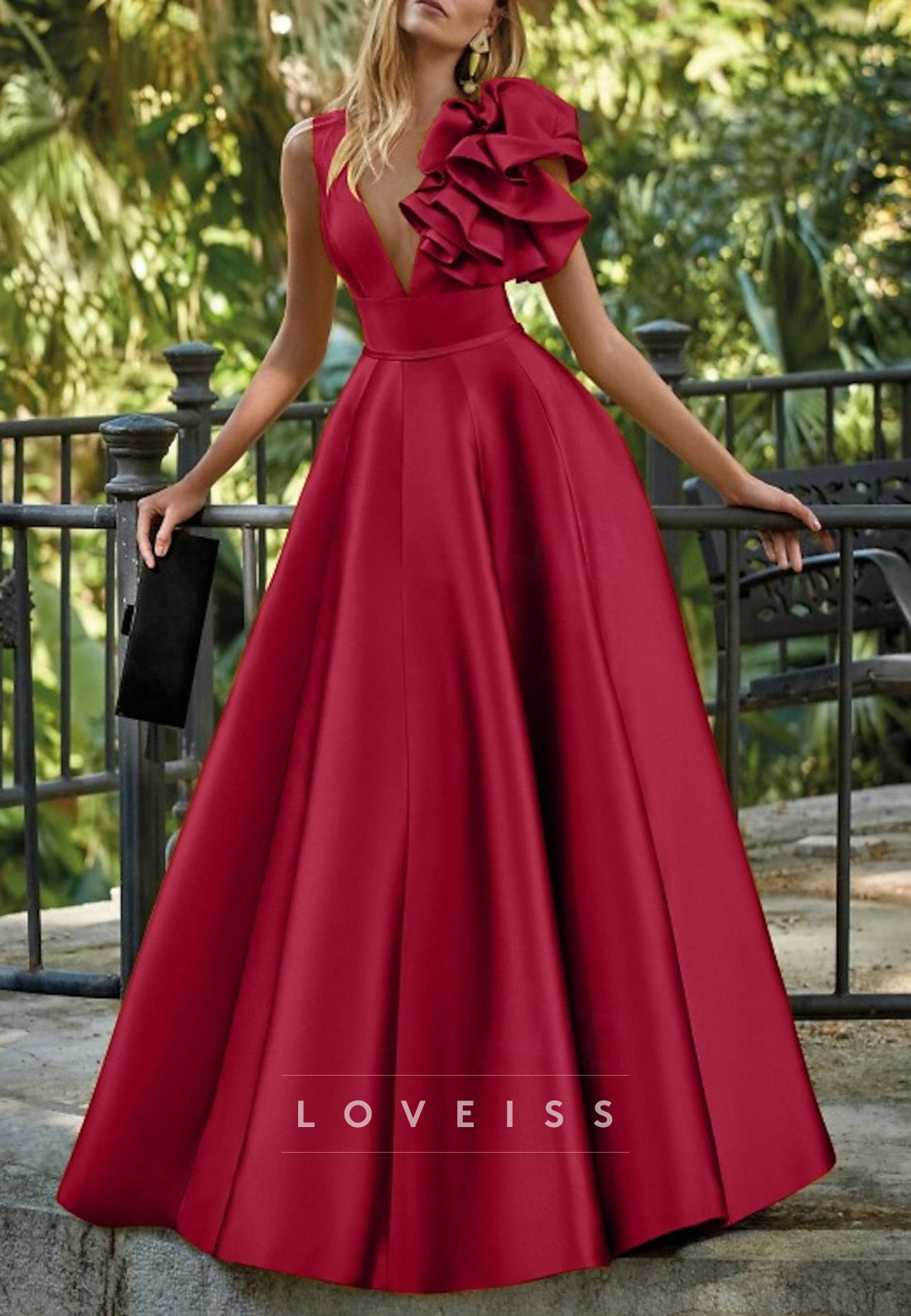 V-Neck Ruffled Pleated A-Line Mother of Bride Dress