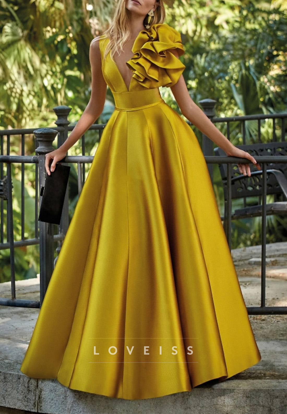V-Neck Ruffled Pleated A-Line Mother of Bride Dress